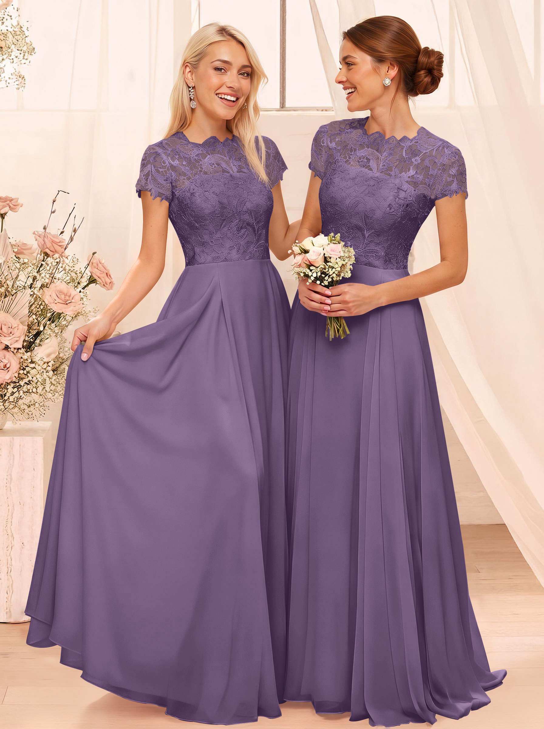 A-Line Scoop Neck Sleeveless Cap Straps Chiffon Floor-Length Bridesmaid Dresses With Lace, product image 65