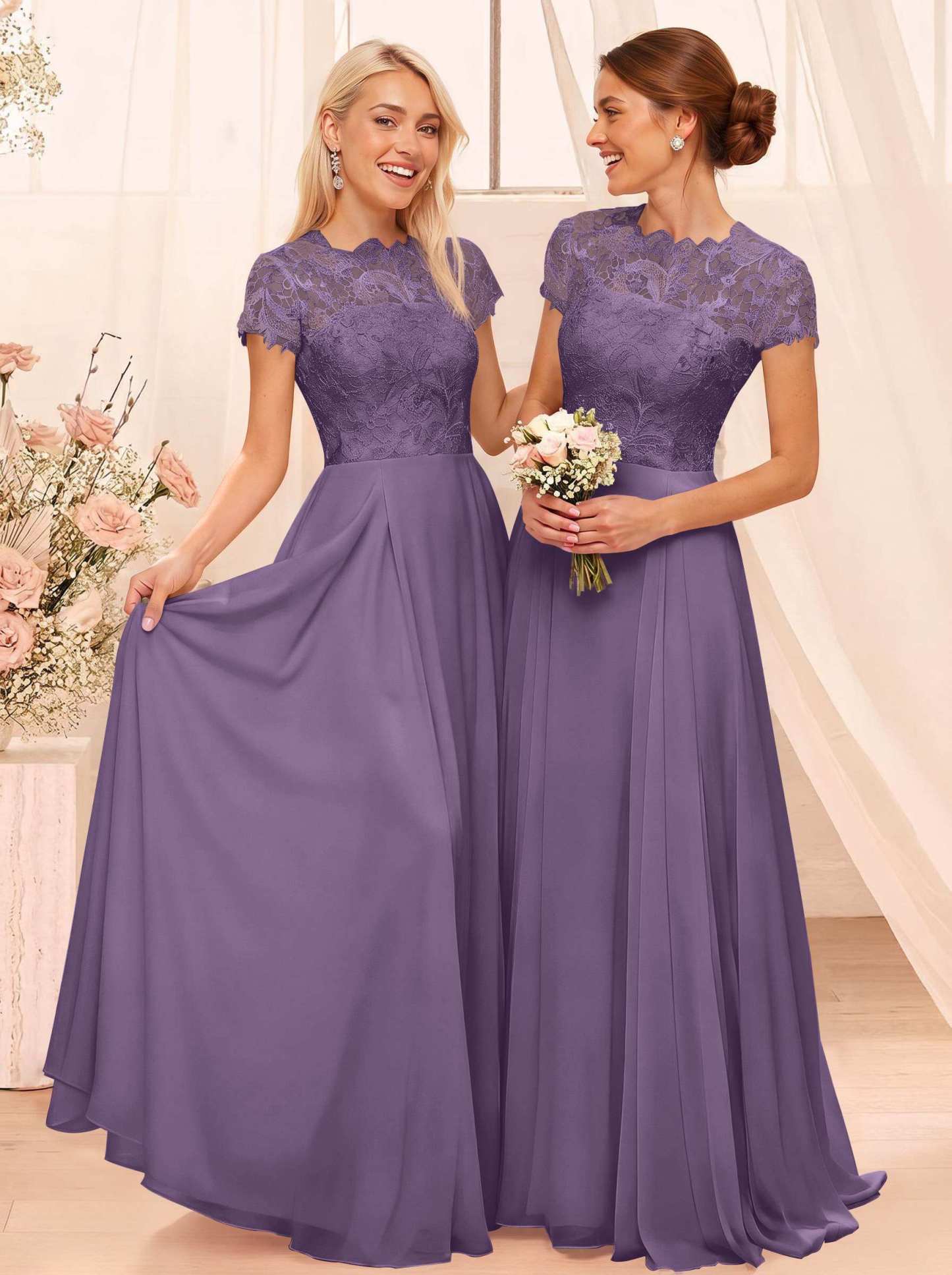 A-Line Scoop Neck Sleeveless Cap Straps Chiffon Floor-Length Bridesmaid Dresses With Lace, product image 65