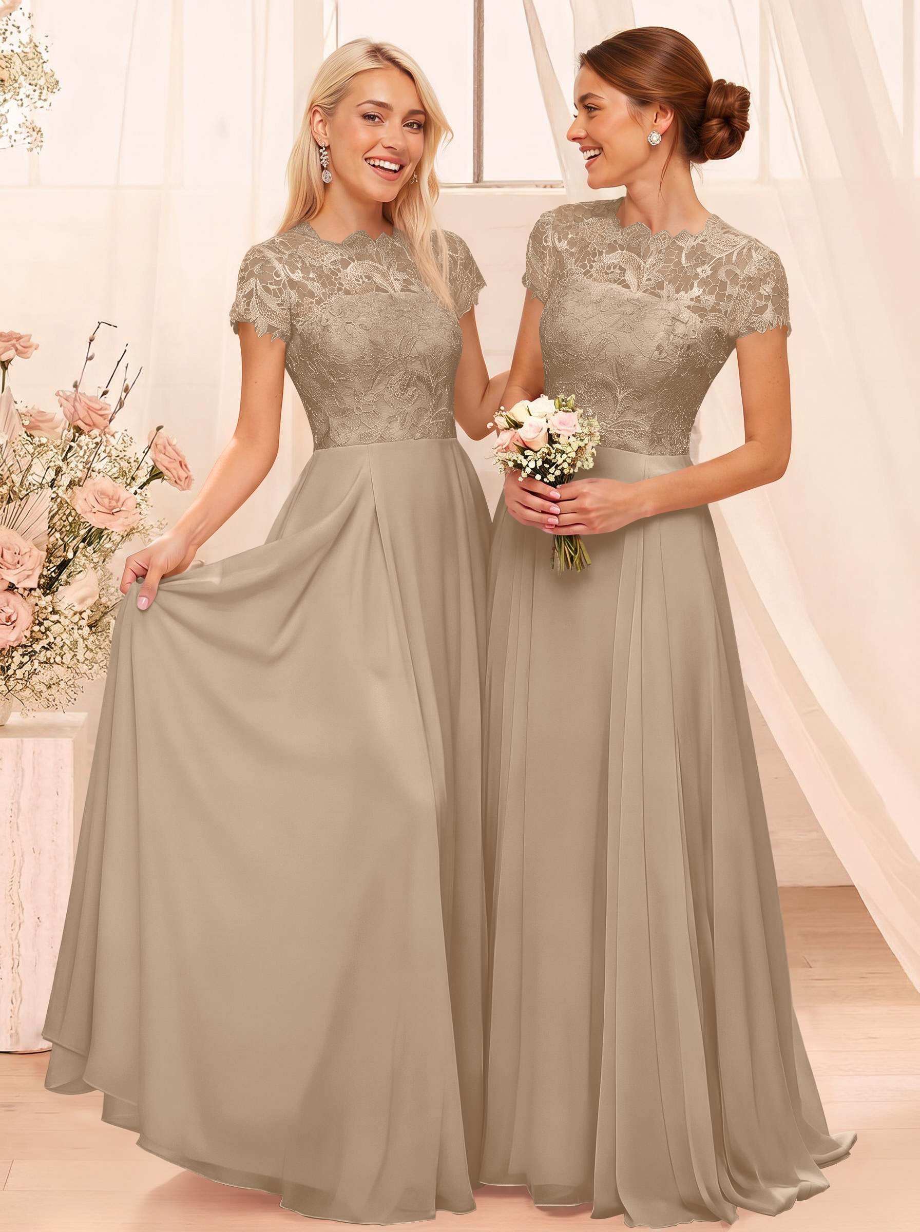 A-Line Scoop Neck Sleeveless Cap Straps Chiffon Floor-Length Bridesmaid Dresses With Lace, product image 97
