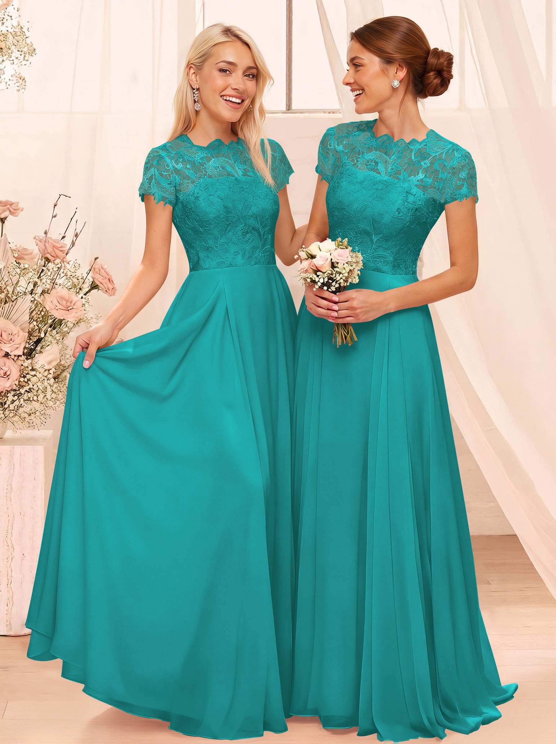 A-Line Scoop Neck Sleeveless Cap Straps Chiffon Floor-Length Bridesmaid Dresses With Lace, product image 135