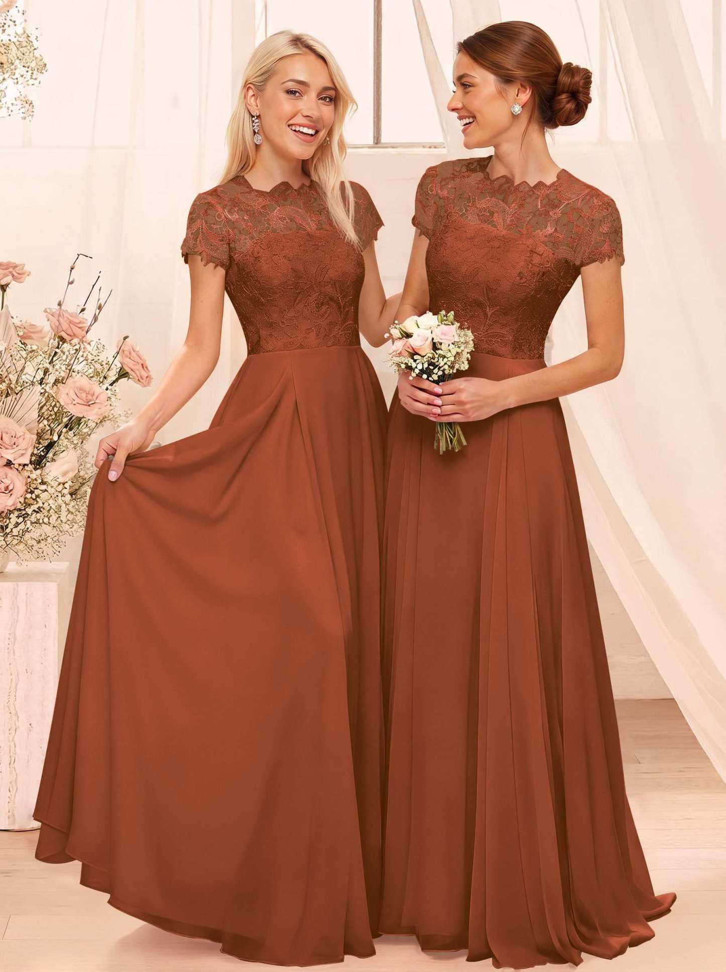 A-Line Scoop Neck Sleeveless Cap Straps Chiffon Floor-Length Bridesmaid Dresses With Lace, product image 133