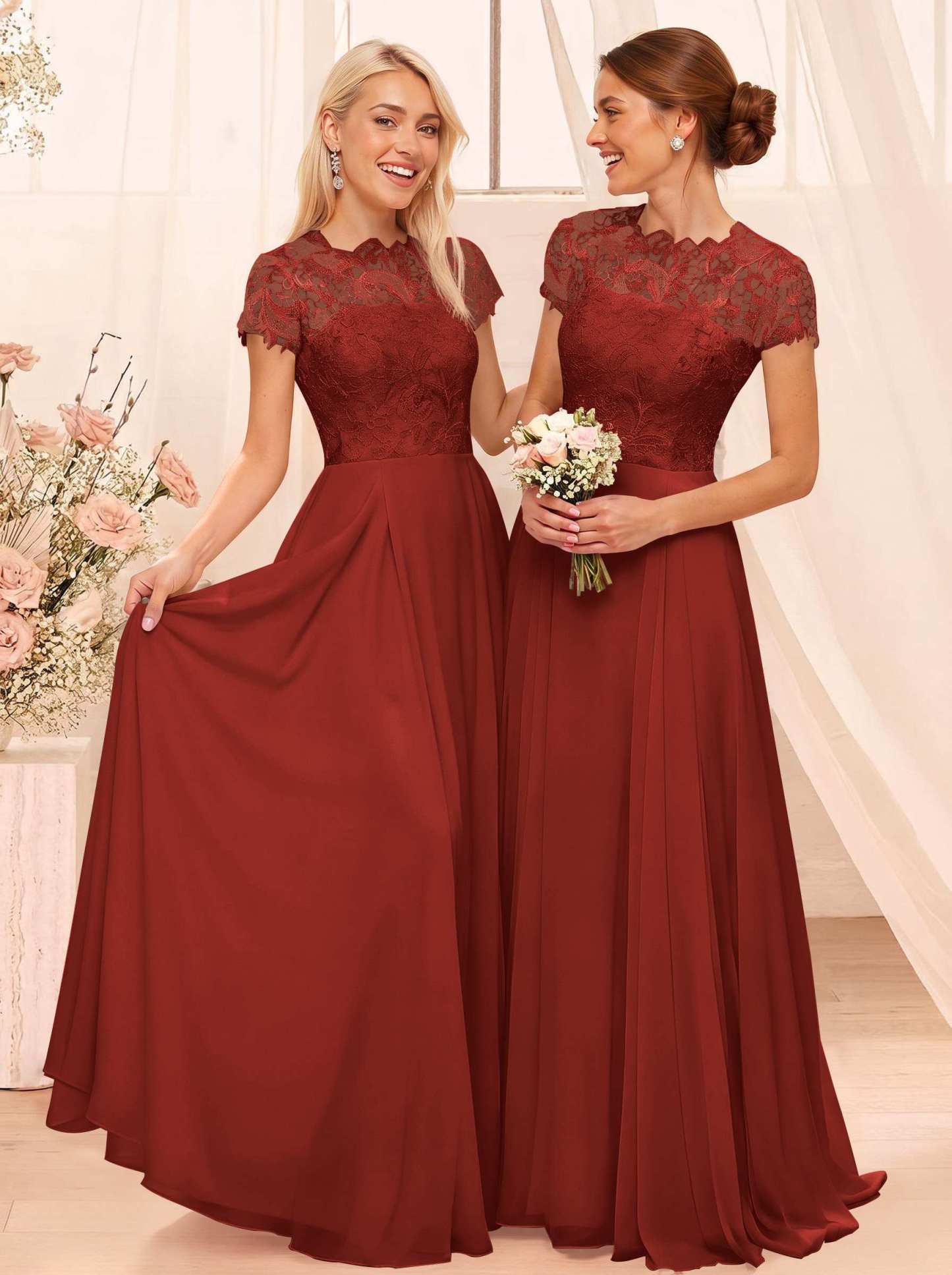 A-Line Scoop Neck Sleeveless Cap Straps Chiffon Floor-Length Bridesmaid Dresses With Lace, product image 37