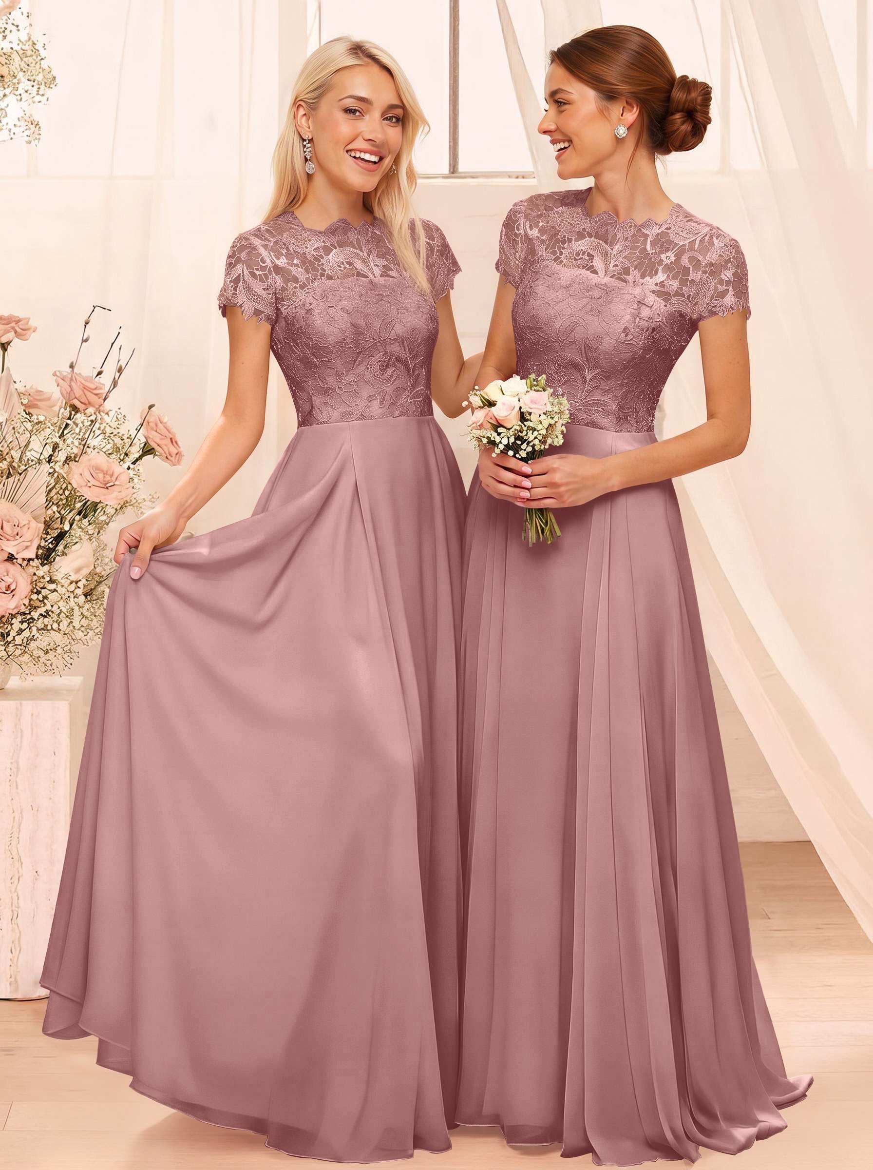 A-Line Scoop Neck Sleeveless Cap Straps Chiffon Floor-Length Bridesmaid Dresses With Lace, product image 57