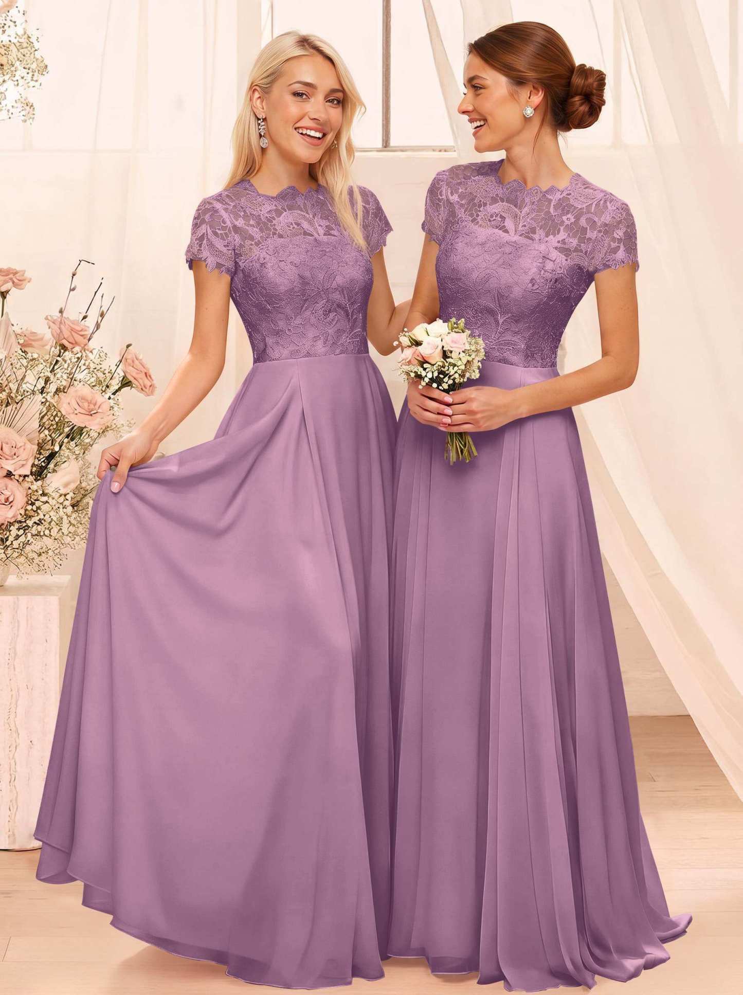 A-Line Scoop Neck Sleeveless Cap Straps Chiffon Floor-Length Bridesmaid Dresses With Lace, product image 55