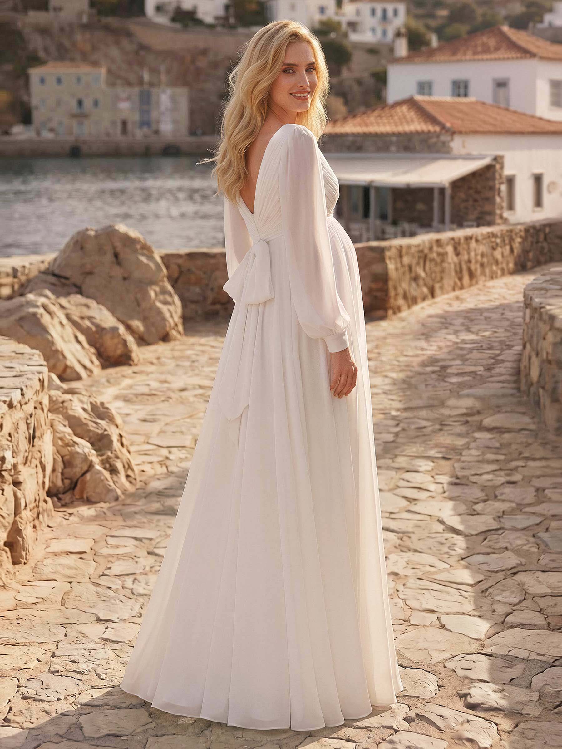 A-Line Chiffon Maternity Wedding Dresses V-Neck Long Sleeves Floor-Length, product image 3
