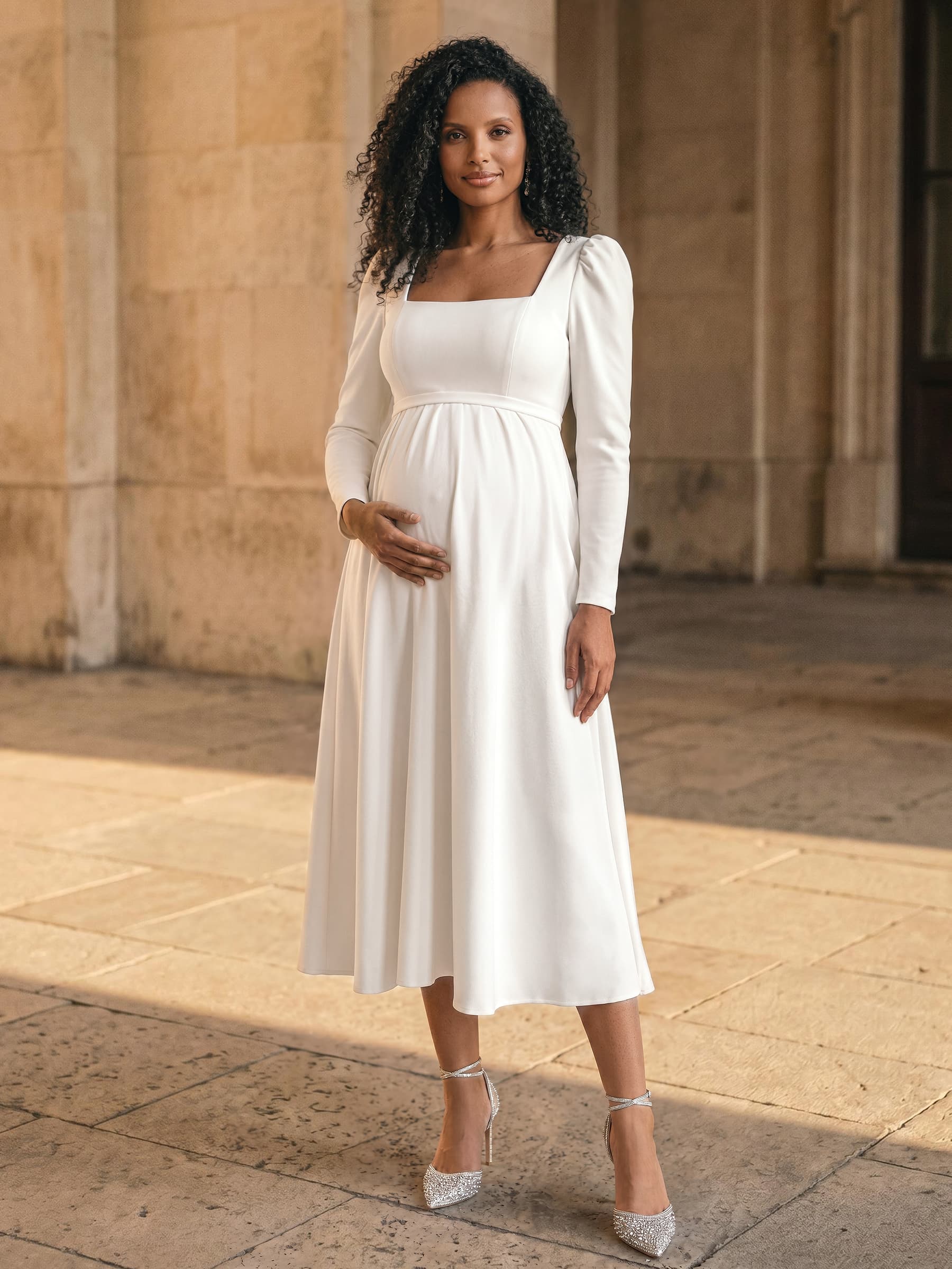 A-Line Elastic Satin Maternity Wedding Dresses Square Neckline Long Sleeves Tea-Length, product image 1