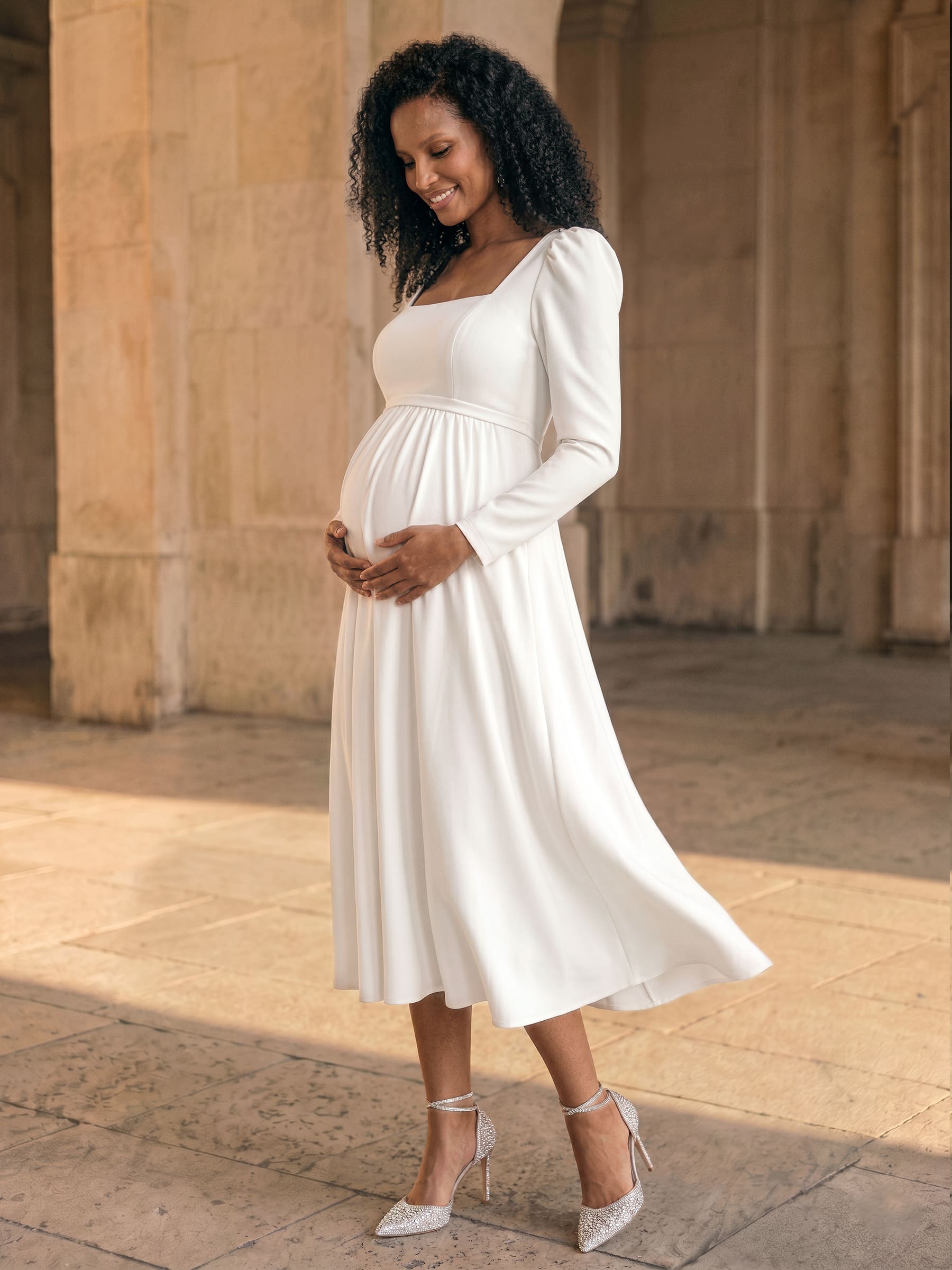 A-Line Elastic Satin Maternity Wedding Dresses Square Neckline Long Sleeves Tea-Length, product image 2