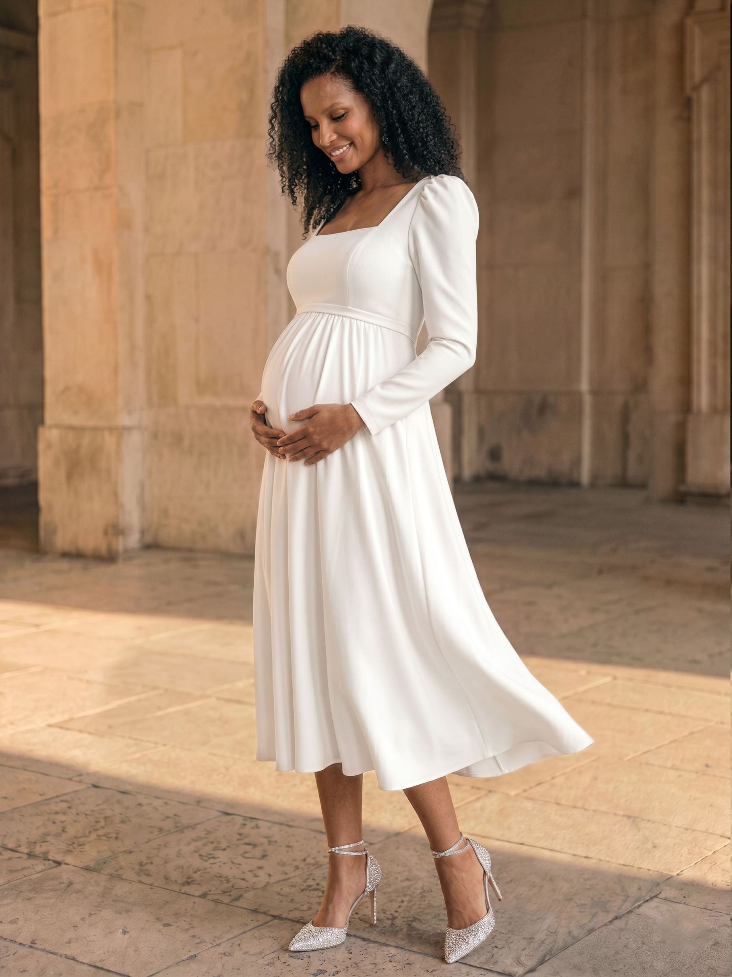 A-Line Elastic Satin Maternity Wedding Dresses Square Neckline Long Sleeves Tea-Length, product image 2