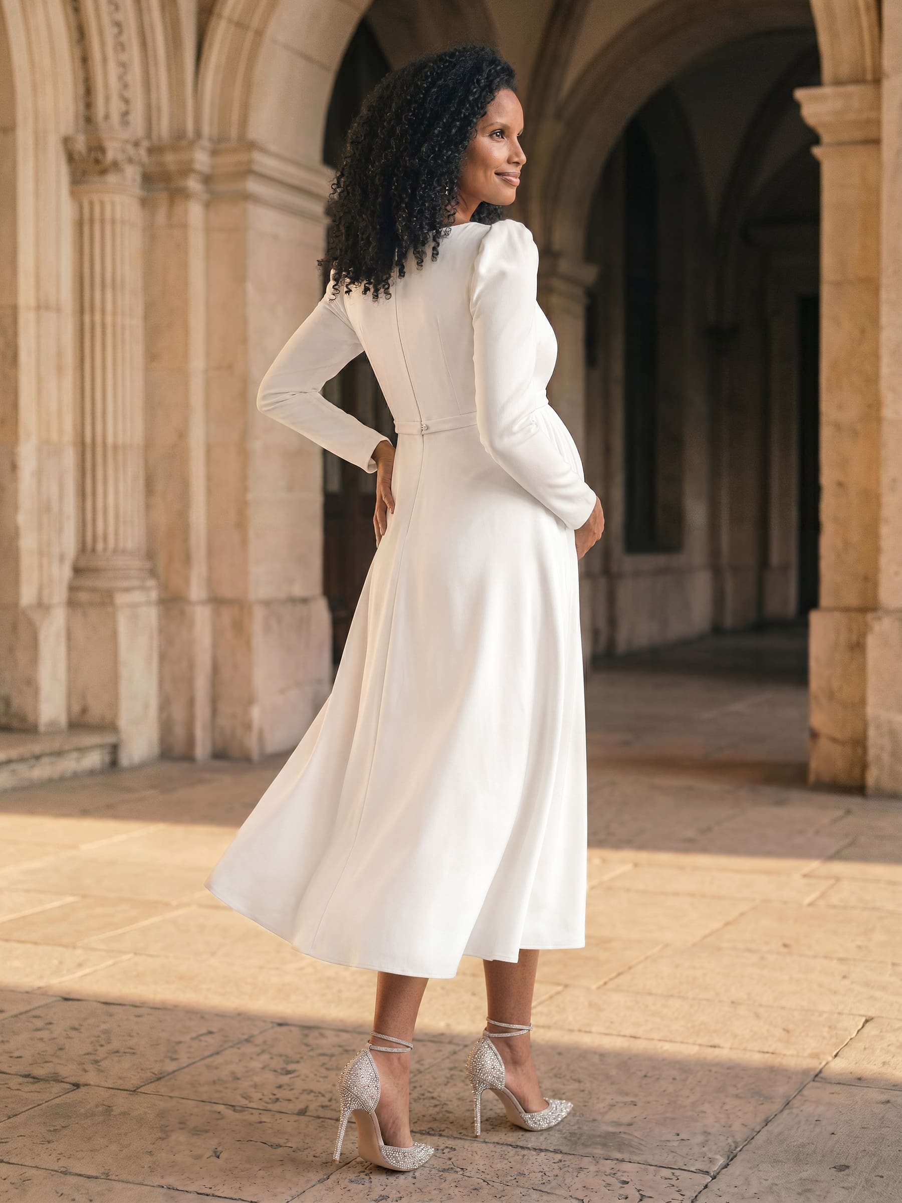 A-Line Elastic Satin Maternity Wedding Dresses Square Neckline Long Sleeves Tea-Length, product image 3