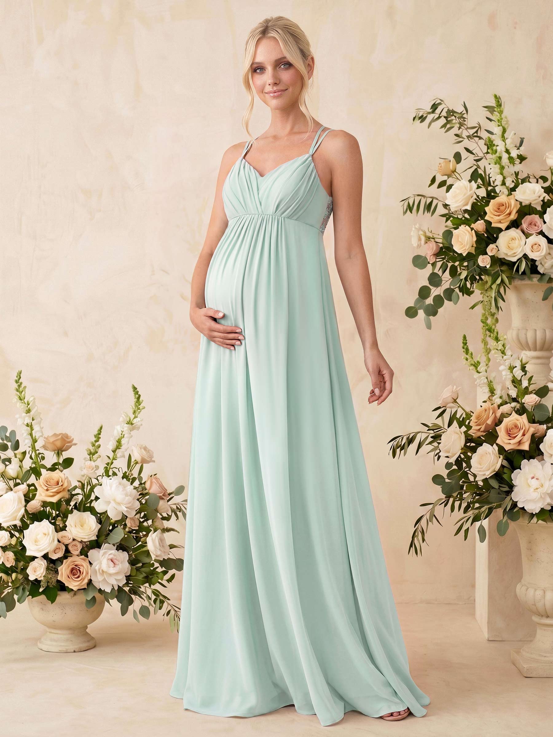 A-Line V-Neck Sleeveless Floor-Length Chiffon Maternity Bridesmaid Dresses With Appliques Lace in Sage Green, US2