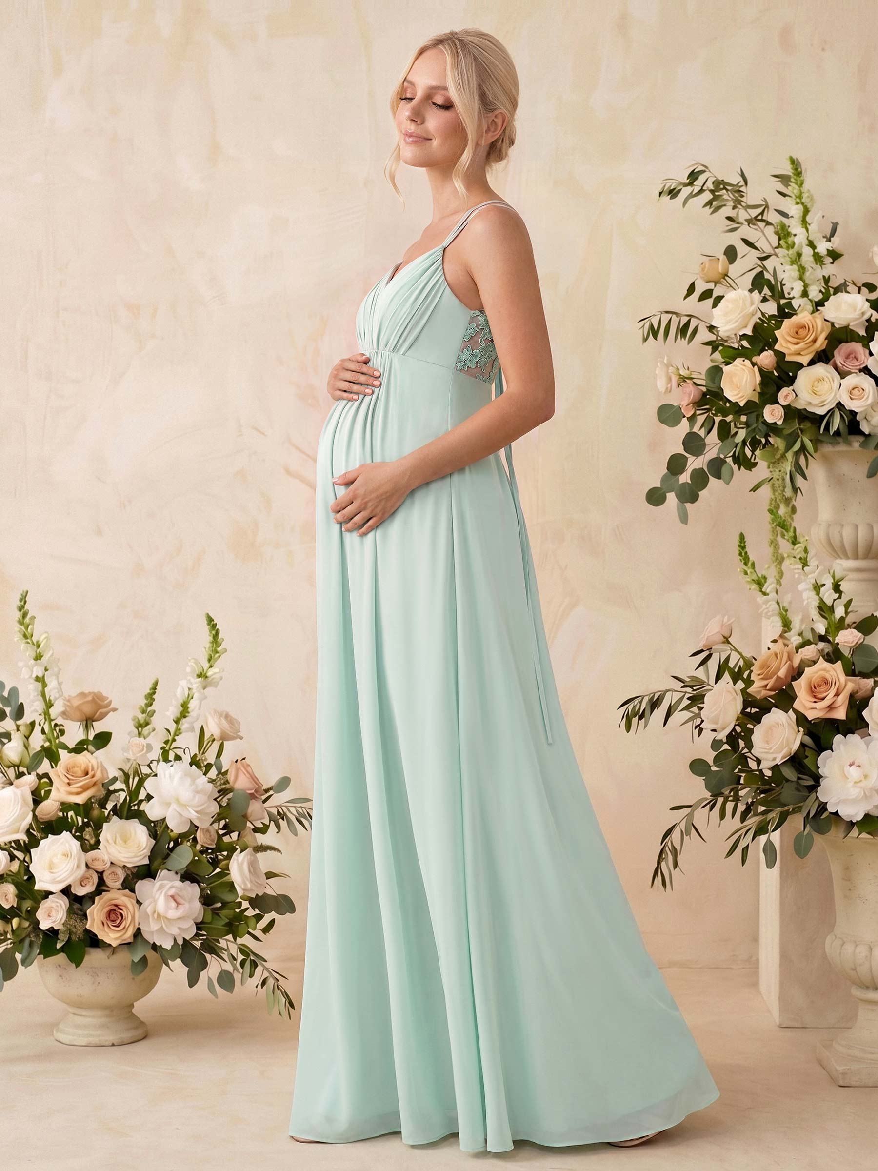 A-Line V-Neck Sleeveless Floor-Length Chiffon Maternity Bridesmaid Dresses With Appliques Lace, image 2