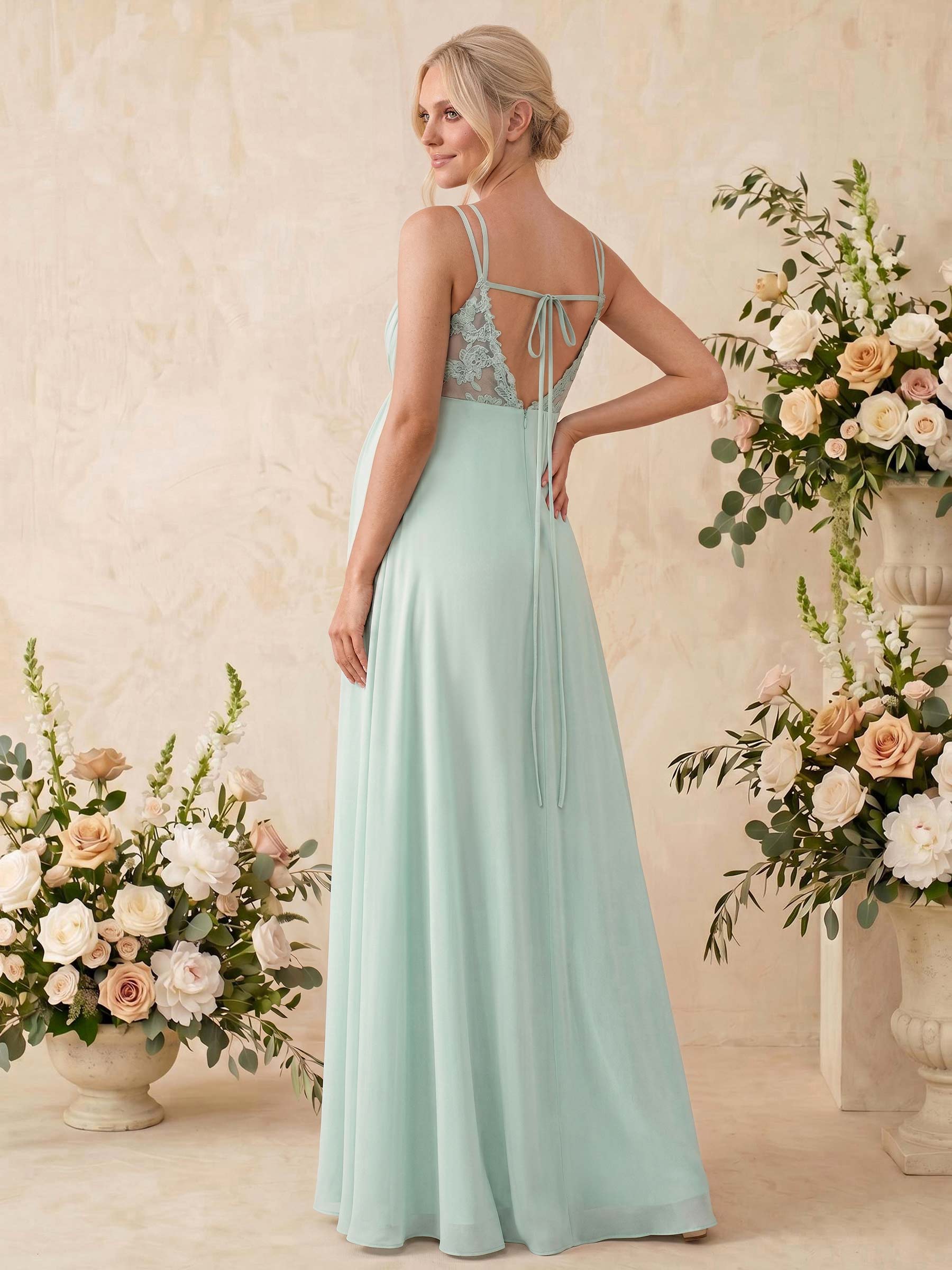 A-Line V-Neck Sleeveless Floor-Length Chiffon Maternity Bridesmaid Dresses With Appliques Lace, image 3