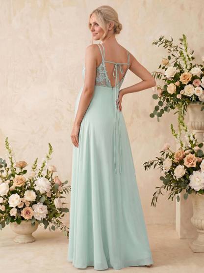 A-Line V-Neck Sleeveless Floor-Length Chiffon Maternity Bridesmaid Dresses With Appliques Lace