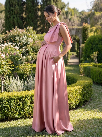 A-Line One-Shoulder Sleeveless Floor-Length Satin Maternity Bridesmaid Dresses With Bow(s)/Pockets