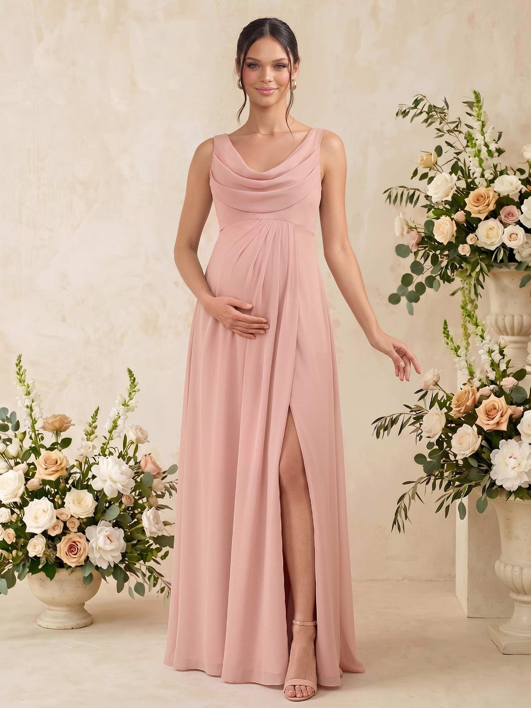 A-Line Cowl Neck Sleeveless Floor-Length Chiffon Maternity Bridesmaid Dresses With High Split, image 1