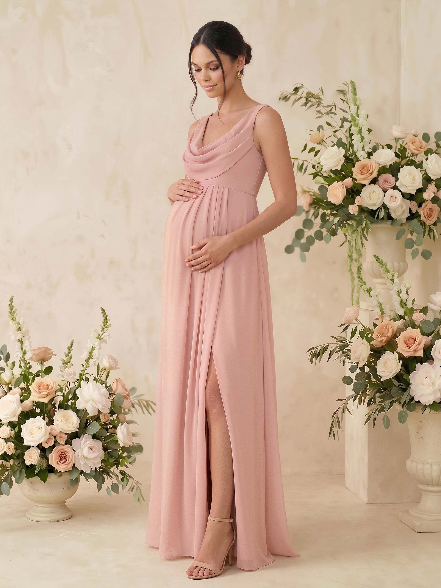 A-Line Cowl Neck Sleeveless Floor-Length Chiffon Maternity Bridesmaid Dresses With High Split, image 2