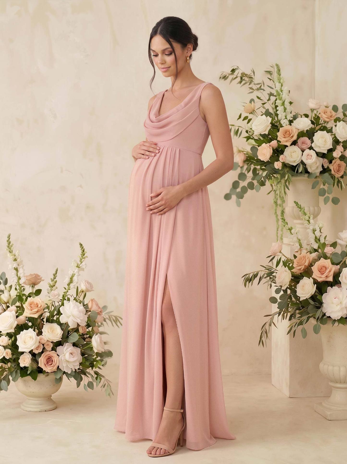 A-Line Cowl Neck Sleeveless Floor-Length Chiffon Maternity Bridesmaid Dresses With High Split, image 2
