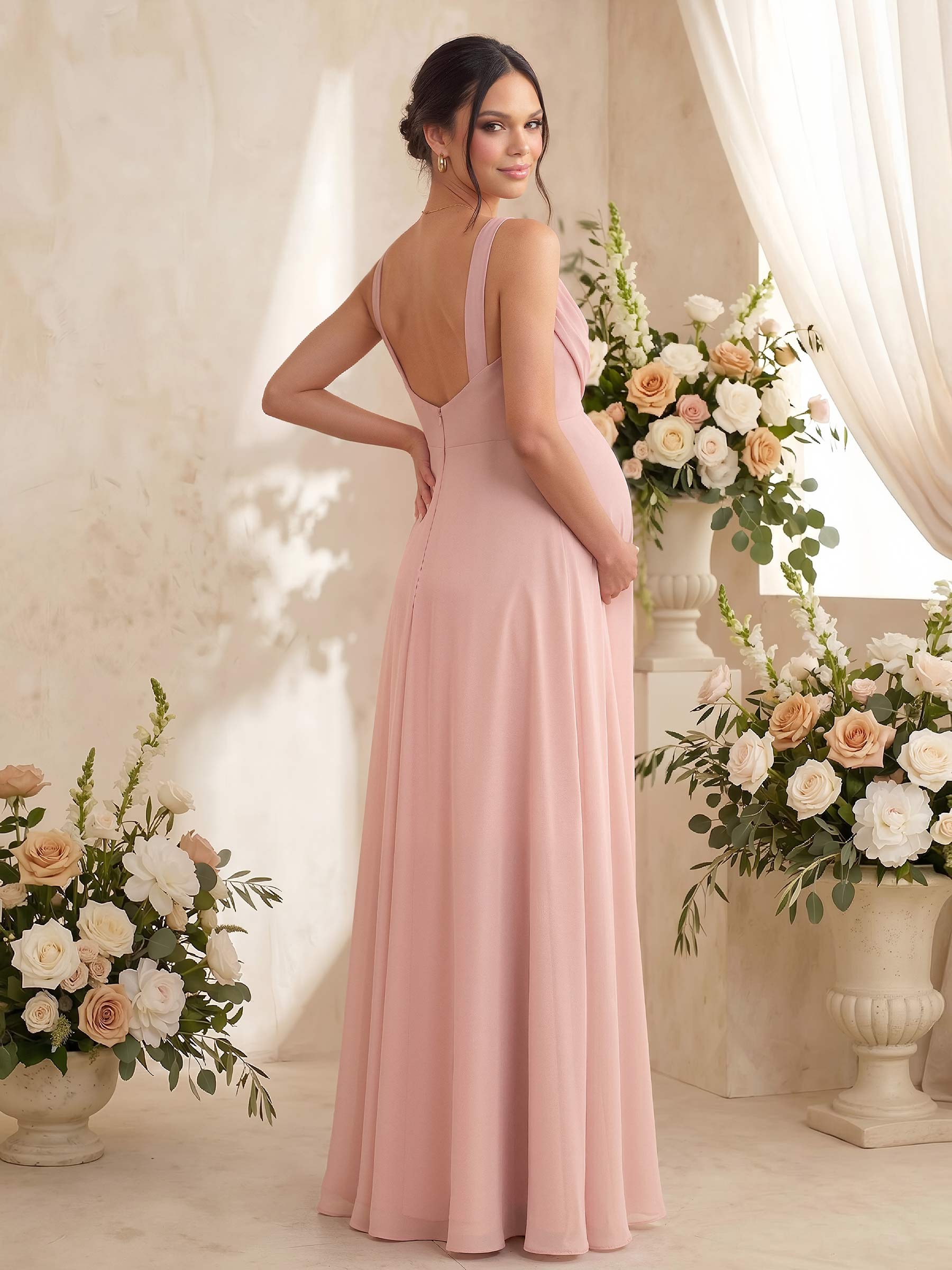 A-Line Cowl Neck Sleeveless Floor-Length Chiffon Maternity Bridesmaid Dresses With High Split, image 3