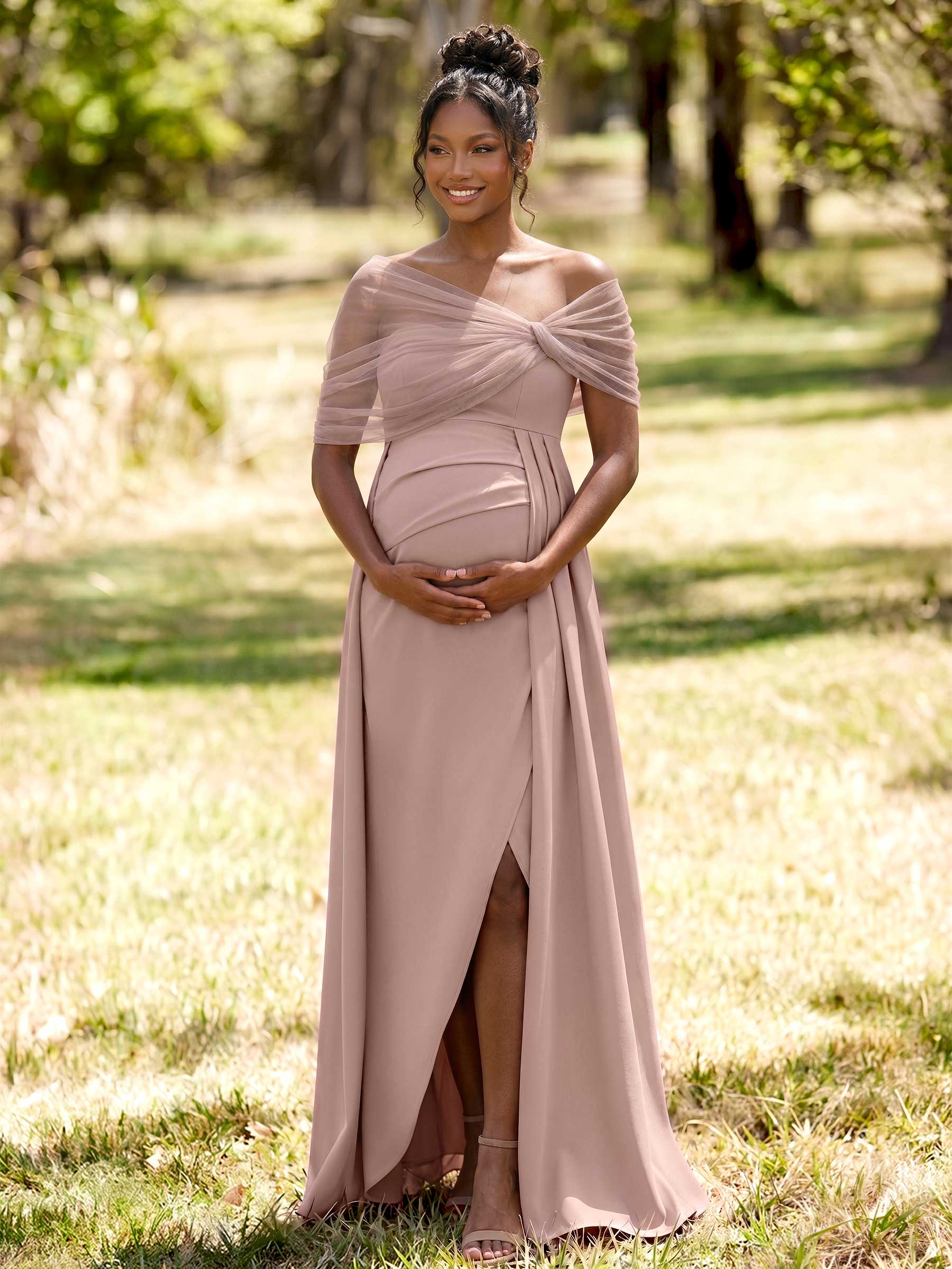 Sheath/Column Off-The-Shoulder Floor-Length Elastic Satin Maternity Bridesmaid Dresses With High Split/Sweeping Side Drape, product image 1