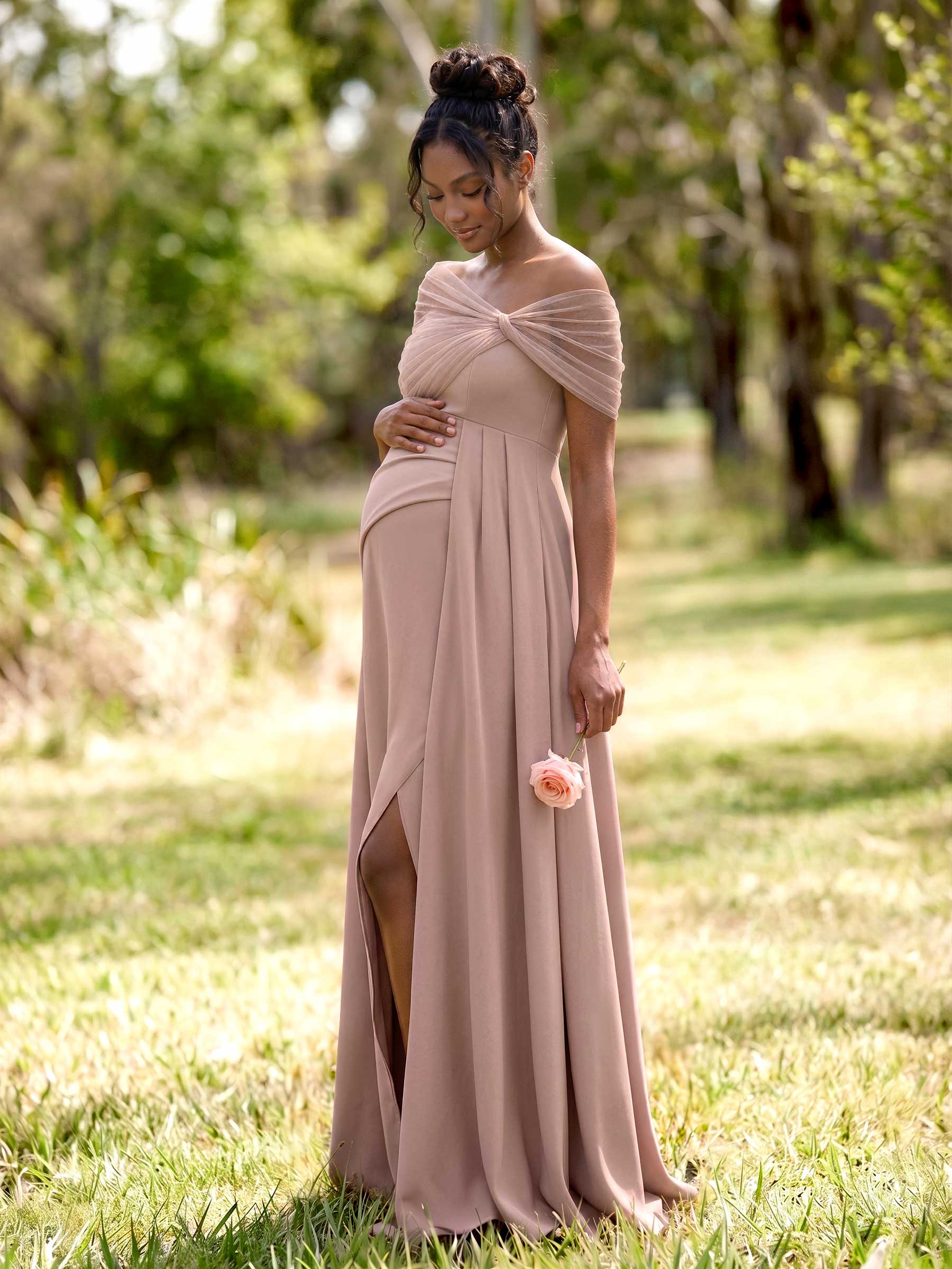 Sheath/Column Off-The-Shoulder Floor-Length Elastic Satin Maternity Bridesmaid Dresses With High Split/Sweeping Side Drape, product image 2