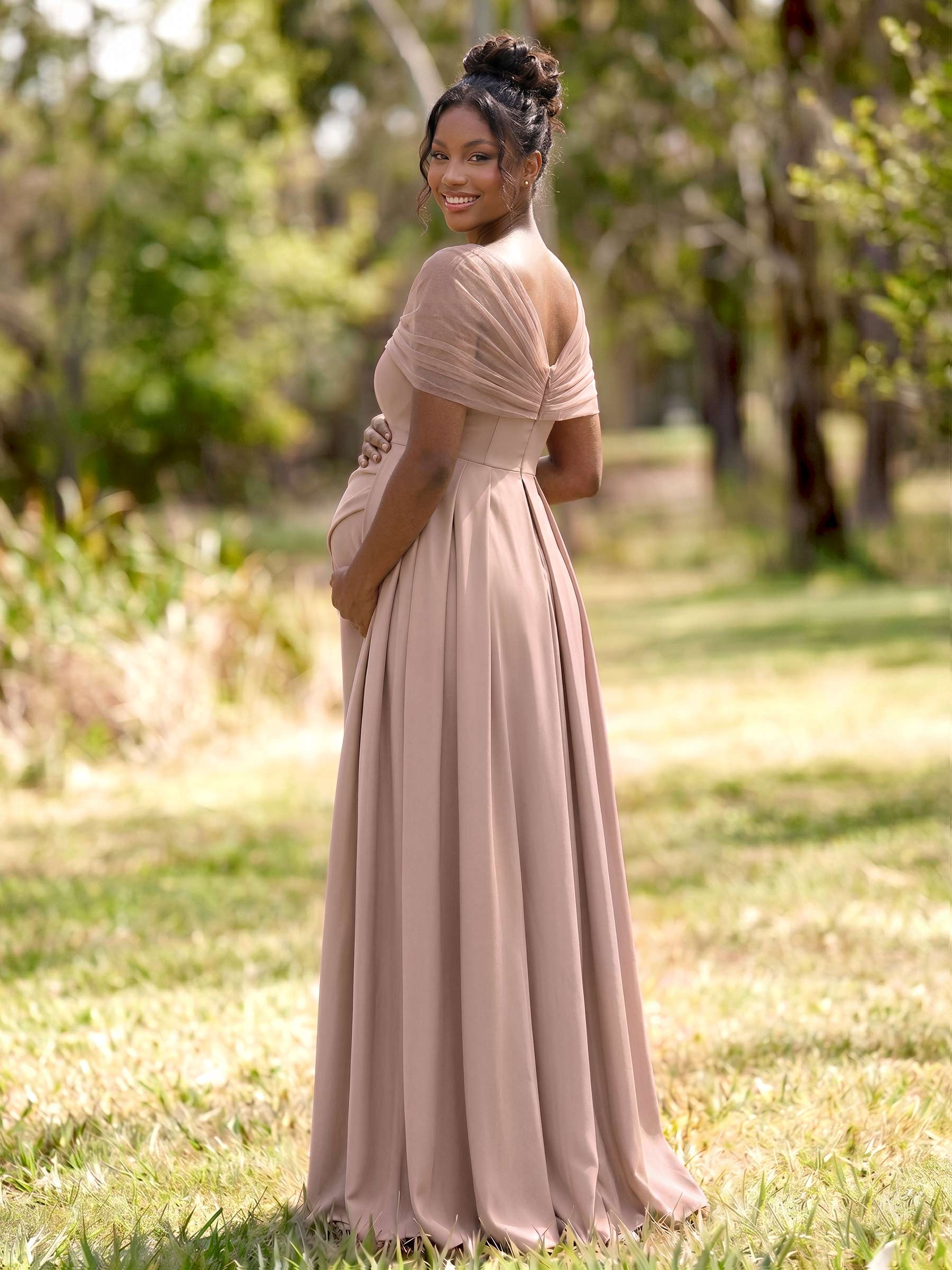 Sheath/Column Off-The-Shoulder Floor-Length Elastic Satin Maternity Bridesmaid Dresses With High Split/Sweeping Side Drape, product image 3