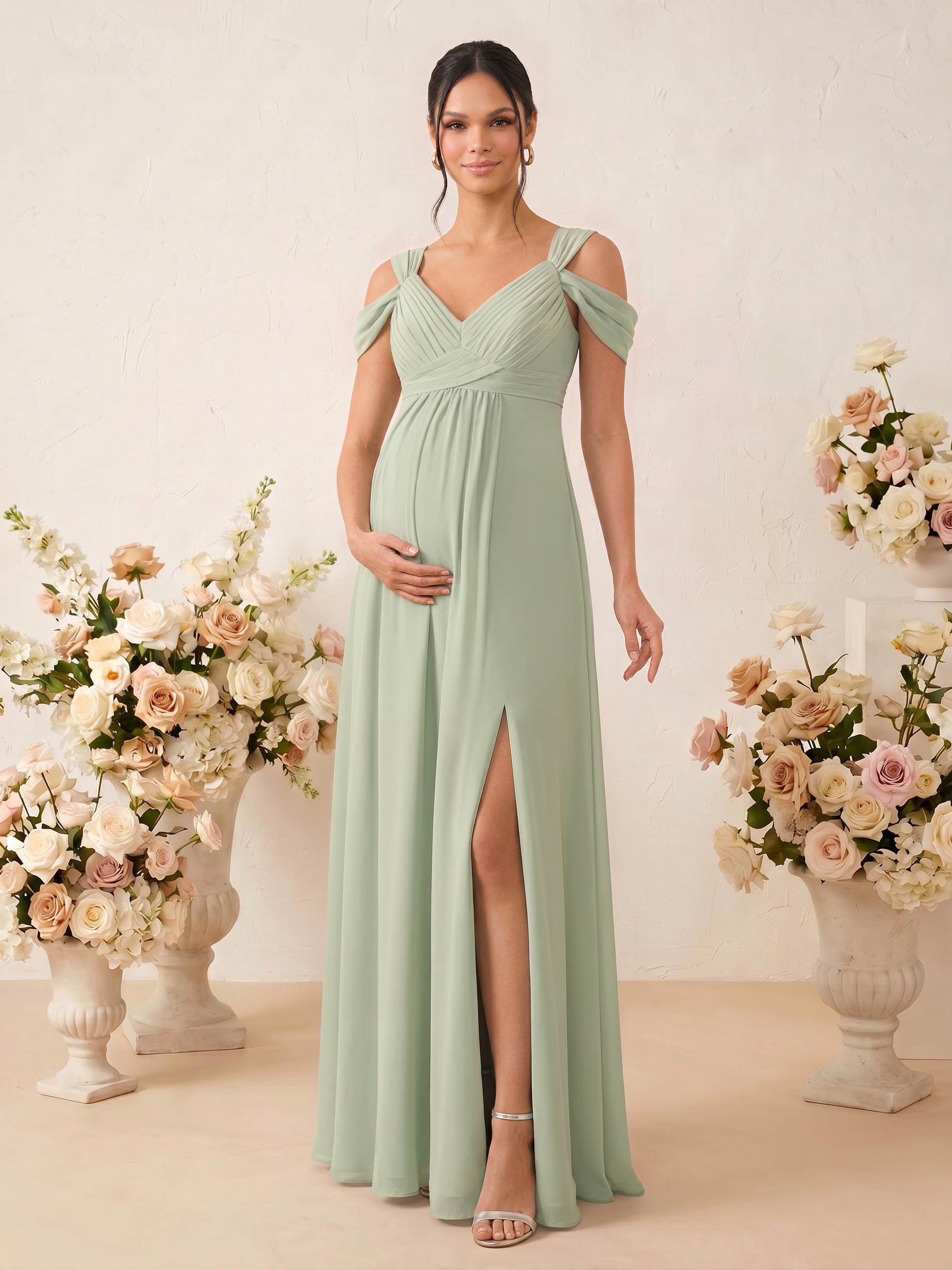 A-Line V-Neck Sleeveless Floor-Length Chiffon Maternity Bridesmaid Dresses With High Split in Celadon, US2