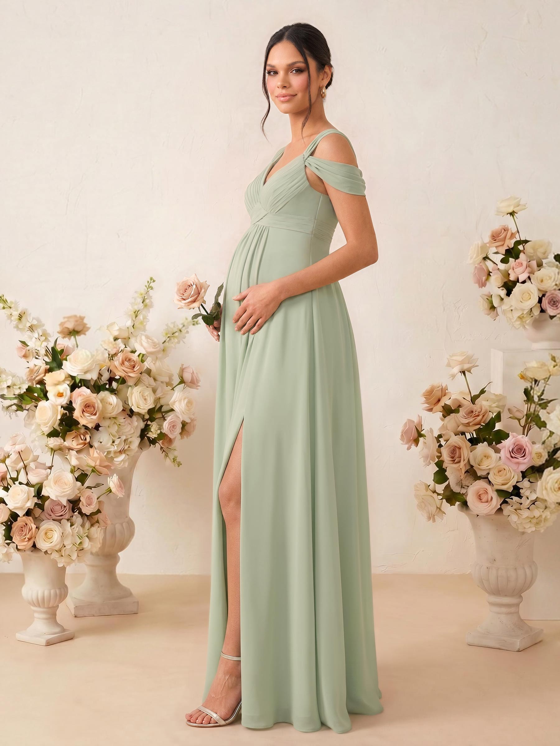A-Line V-Neck Sleeveless Floor-Length Chiffon Maternity Bridesmaid Dresses With High Split, product image 2