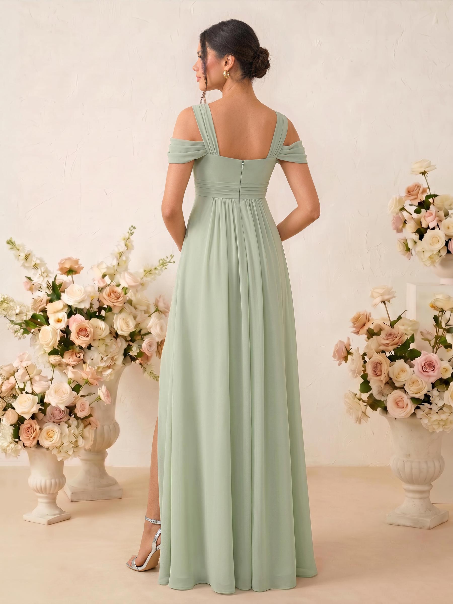 A-Line V-Neck Sleeveless Floor-Length Chiffon Maternity Bridesmaid Dresses With High Split, product image 3