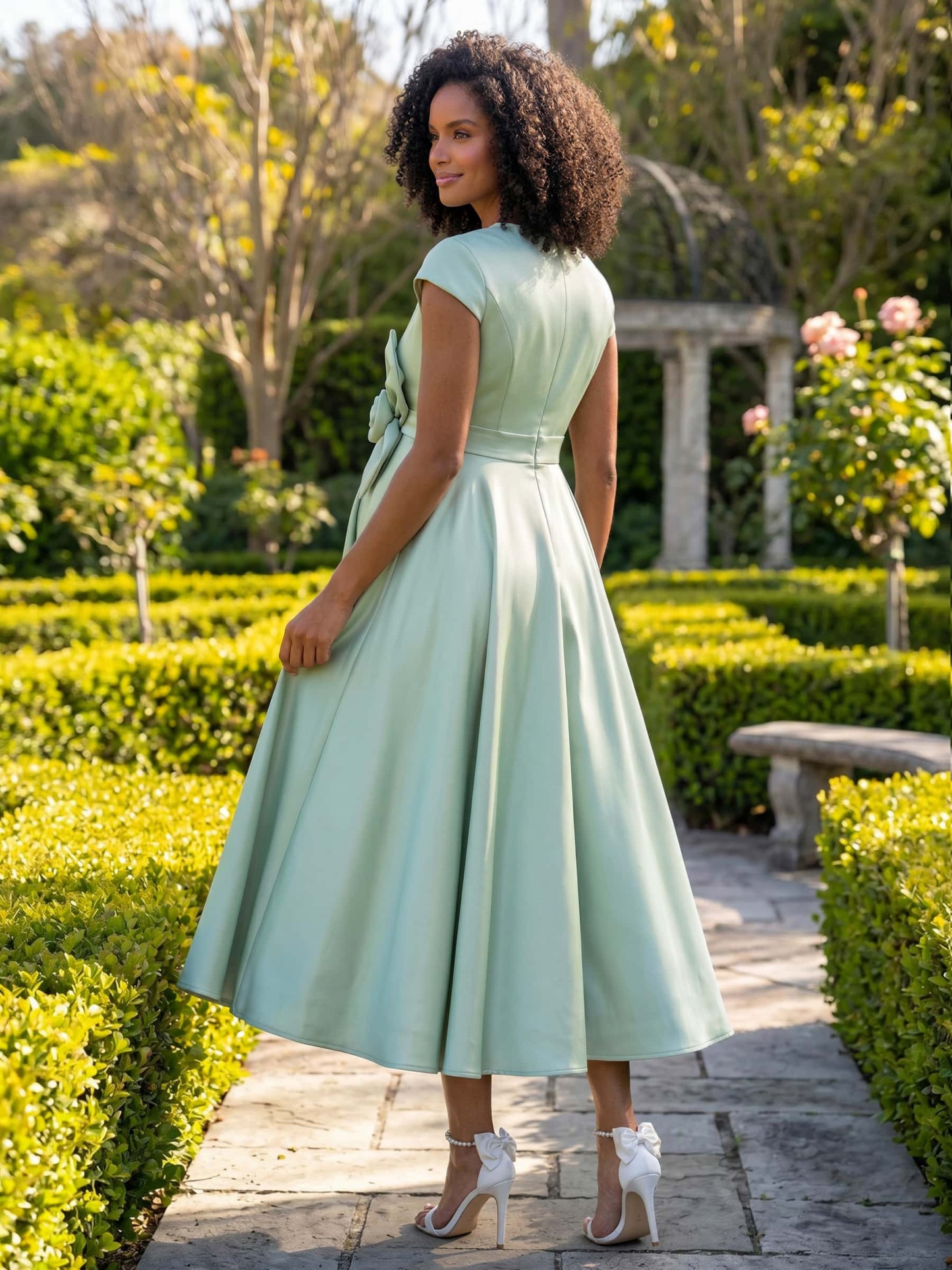 A-Line V-Neck Short Sleeves Tea-Length Satin Maternity Bridesmaid Dresses With Flower(s)