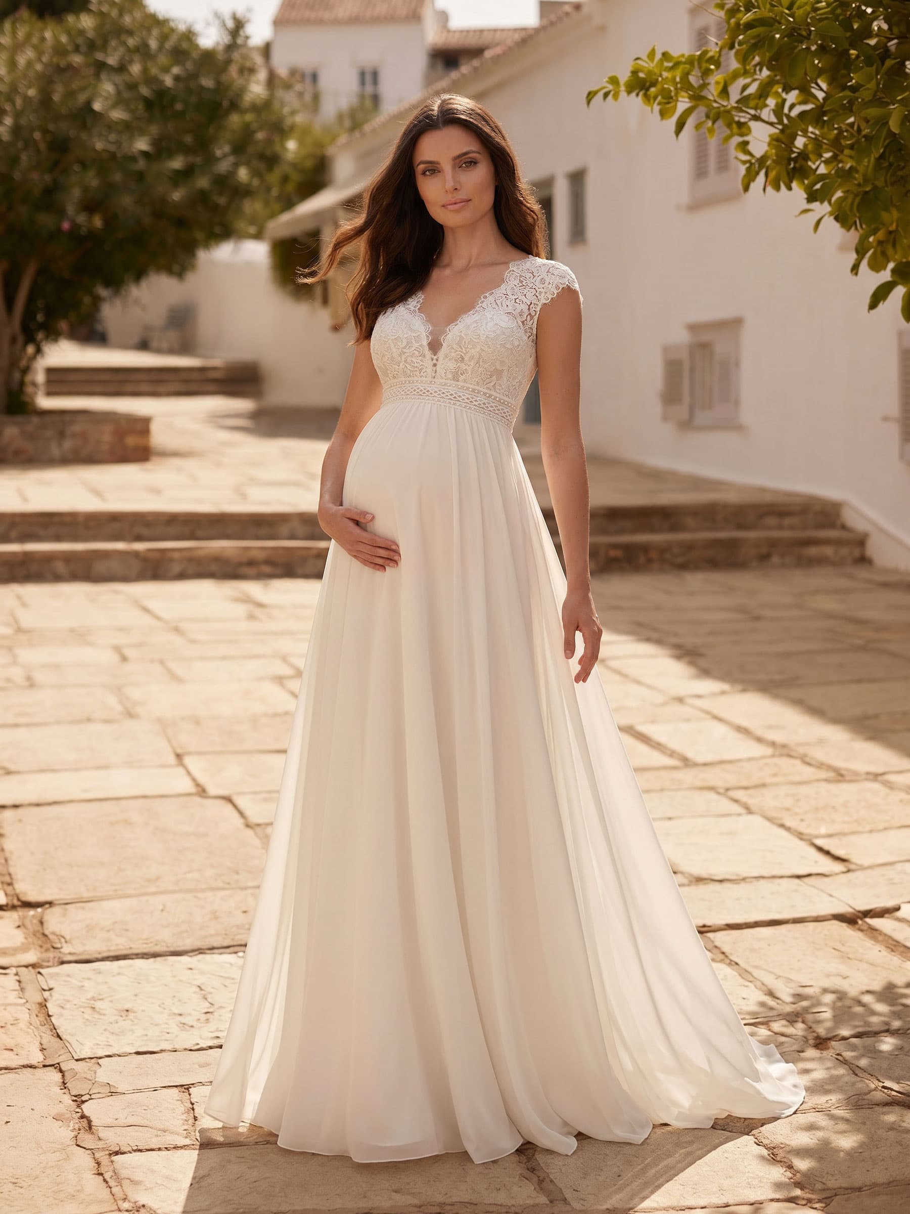 A-Line Chiffon Lace Maternity Wedding Dresses V-Neck Floor-Length With Appliques/Lace, product image 1
