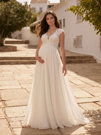 A-Line Chiffon Lace Maternity Wedding Dresses V-Neck Floor-Length With Appliques/Lace