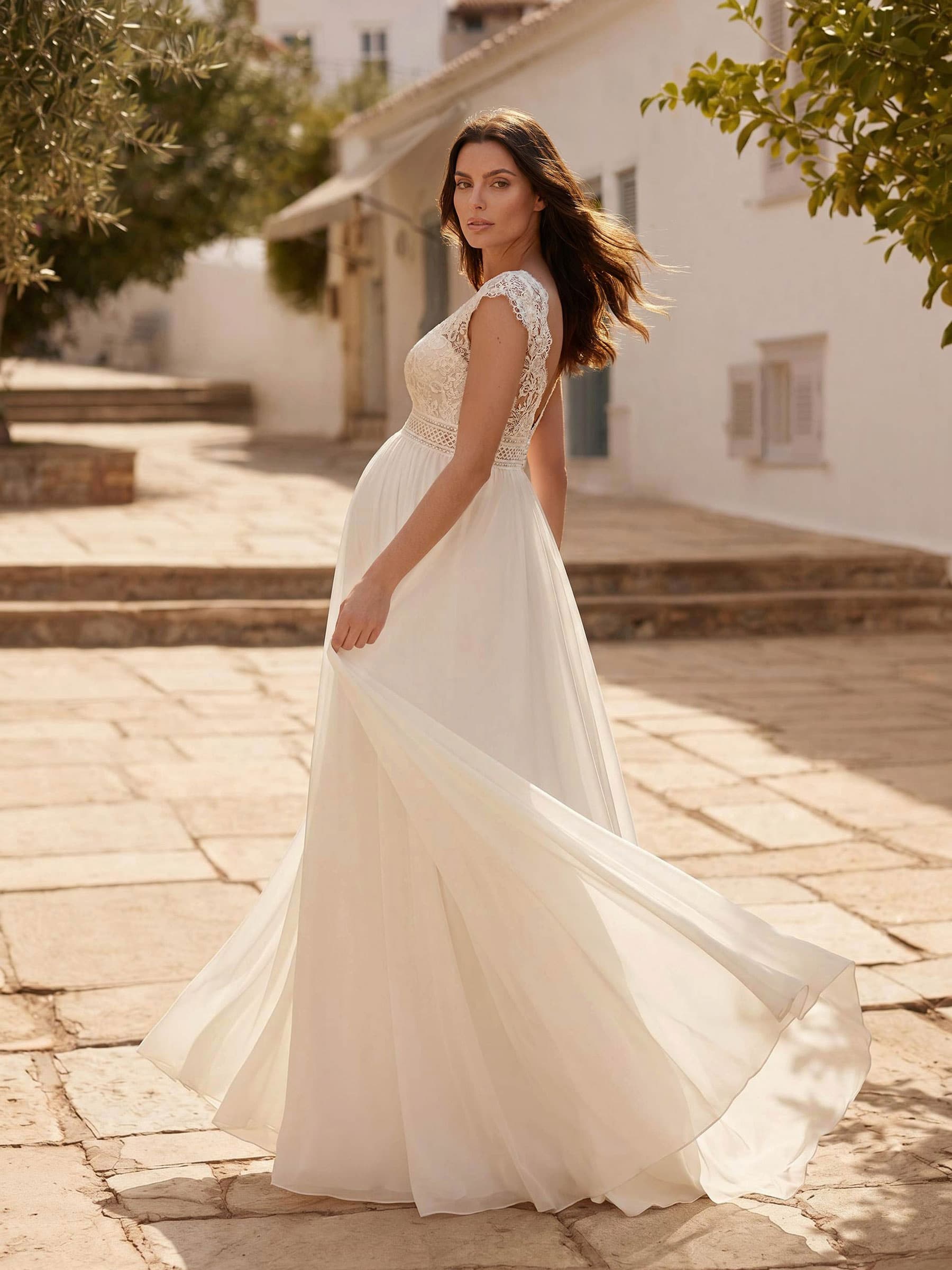 A-Line Chiffon Lace Maternity Wedding Dresses V-Neck Floor-Length With Appliques/Lace, product image 2