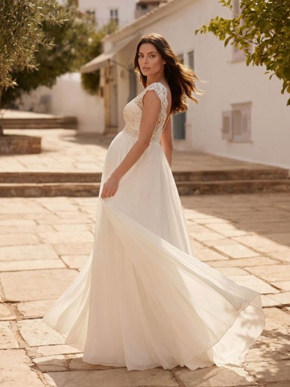 A-Line Chiffon Lace Maternity Wedding Dresses V-Neck Floor-Length With Appliques/Lace