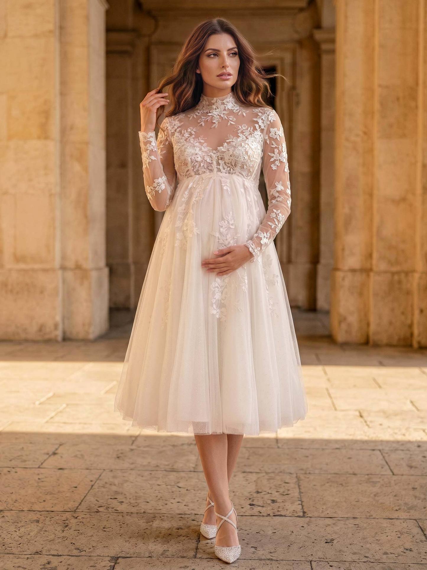 A-Line Lace Tulle Maternity Wedding Dresses High Neck Long Sleeves Tea-Length in Ivory, US2