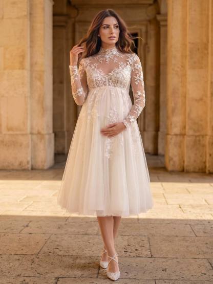 A-Line Lace Tulle Maternity Wedding Dresses High Neck Long Sleeves Tea-Length