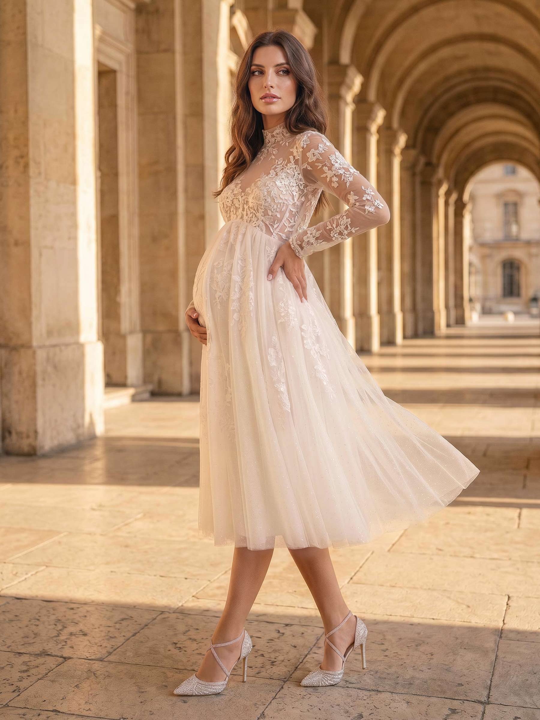 A-Line Lace Tulle Maternity Wedding Dresses High Neck Long Sleeves Tea-Length, product image 2