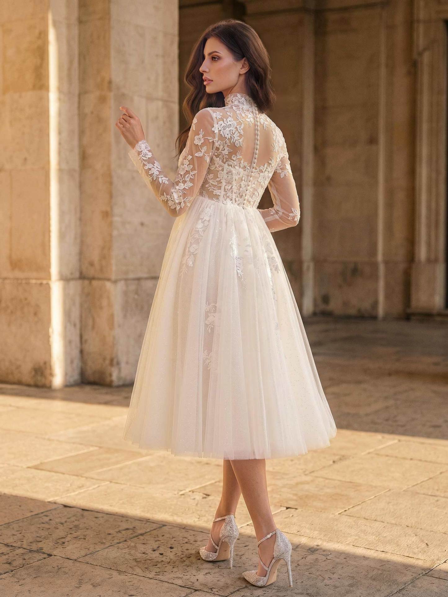 A-Line Lace Tulle Maternity Wedding Dresses High Neck Long Sleeves Tea-Length, product image 3