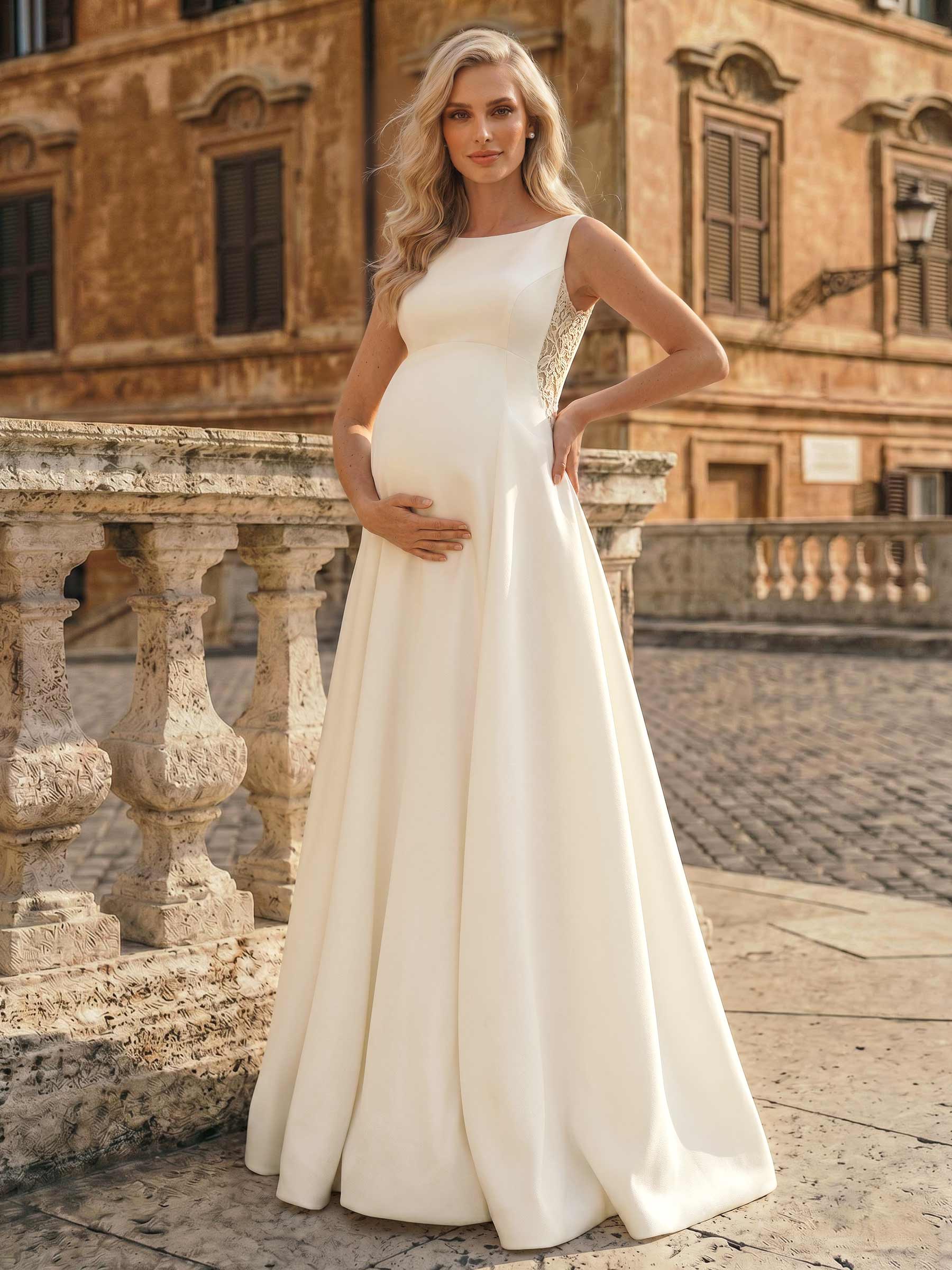 A-Line Lace Satin Maternity Wedding Dresses Scoop Neck Sleeveless With Appliques/Lace, product image 1