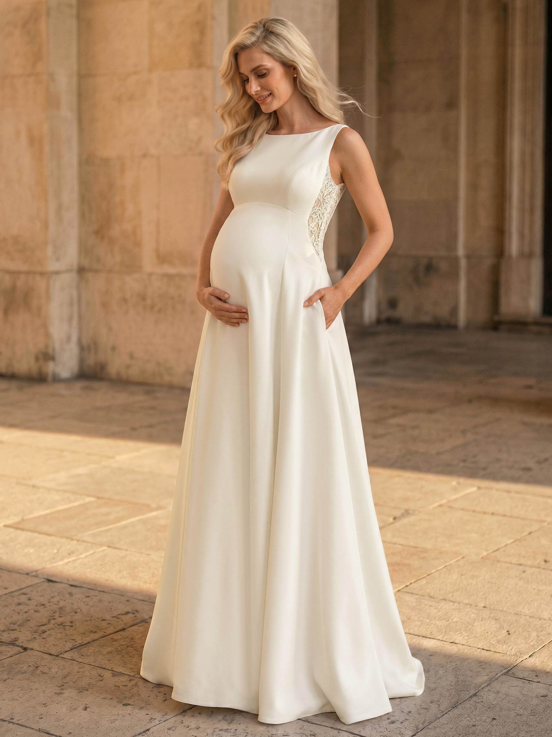 A-Line Lace Satin Maternity Wedding Dresses Scoop Neck Sleeveless With Appliques/Lace, product image 2