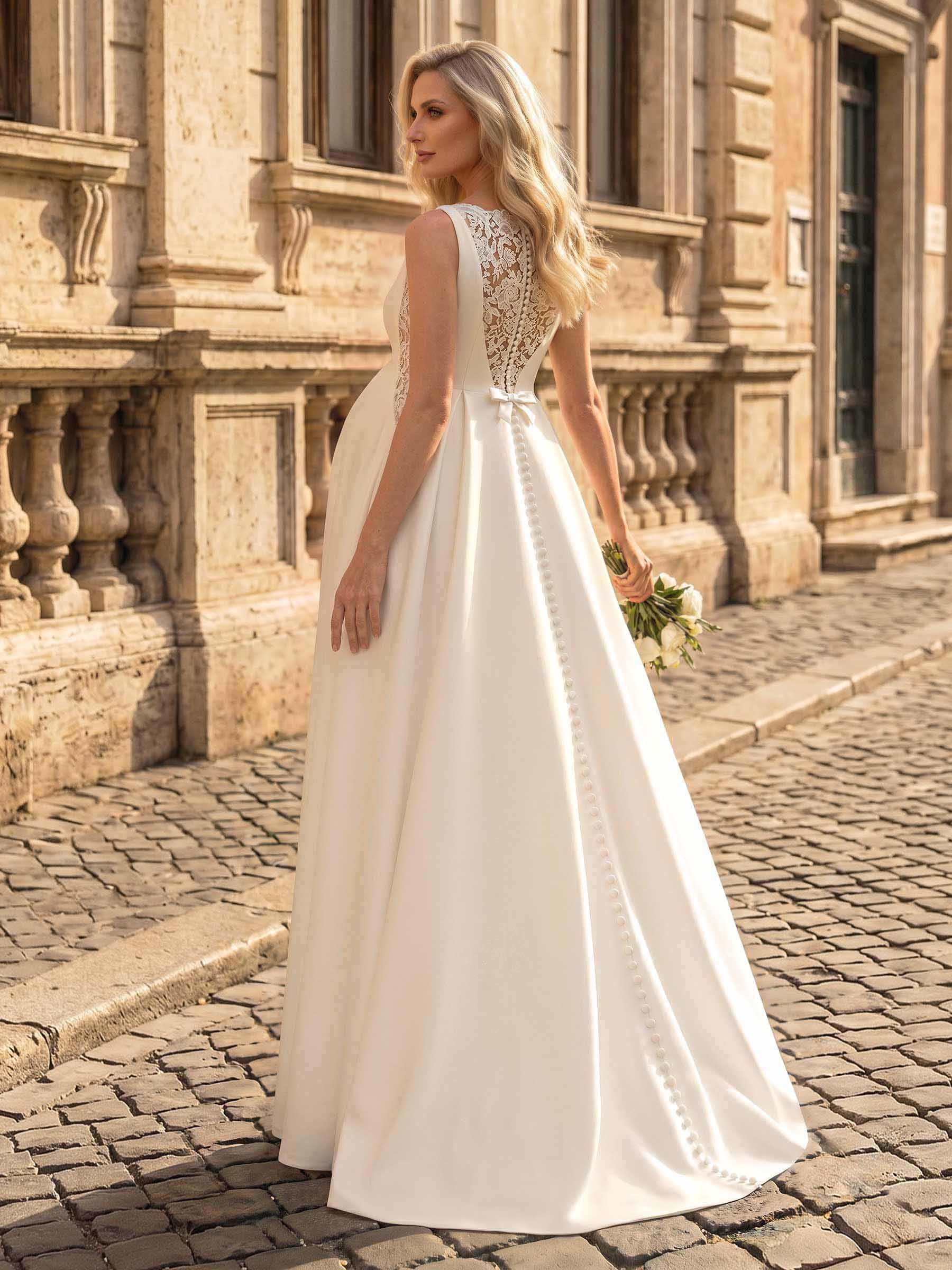 A-Line Lace Satin Maternity Wedding Dresses Scoop Neck Sleeveless With Appliques/Lace, product image 3