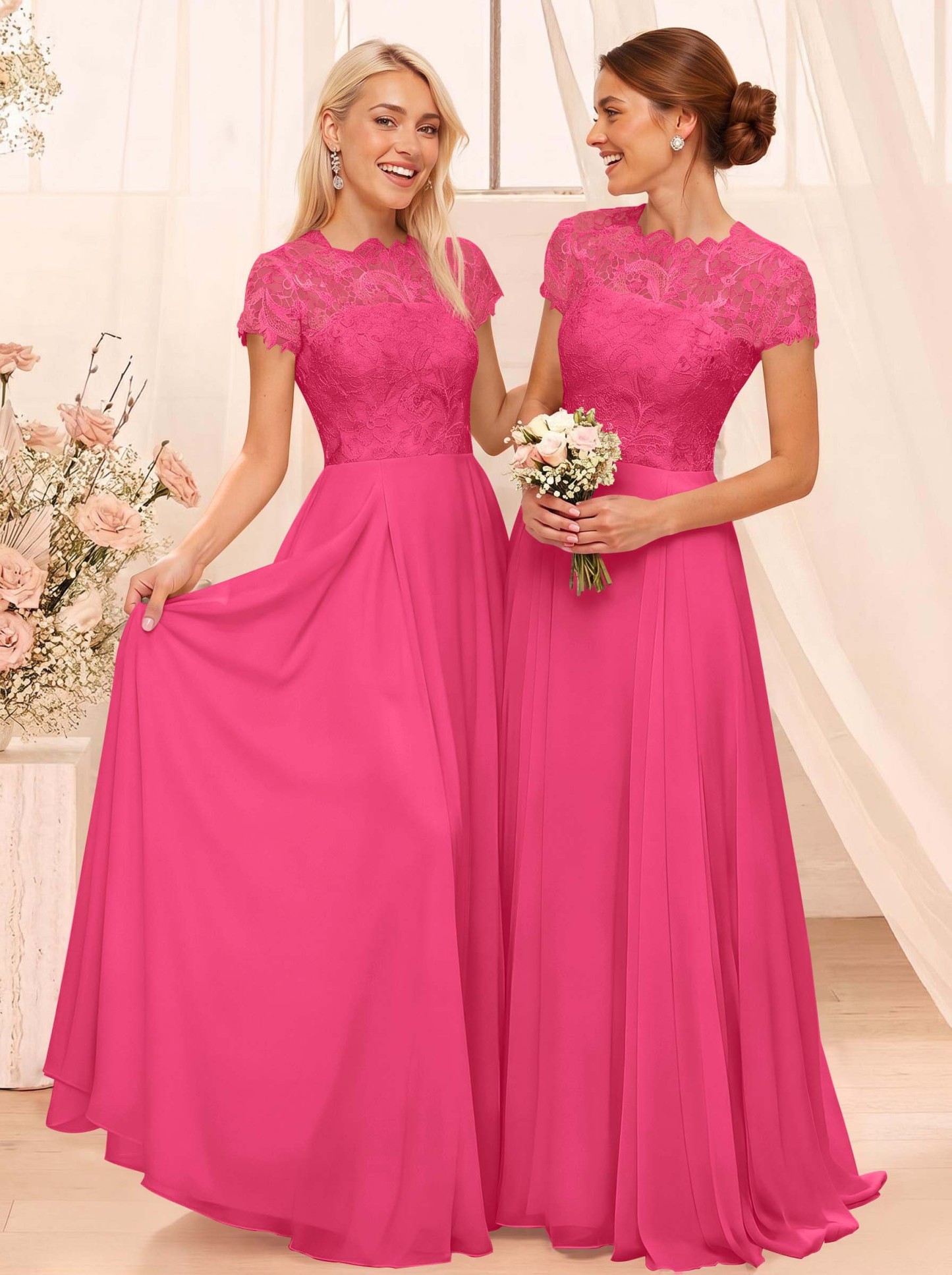 A-Line Scoop Neck Sleeveless Cap Straps Chiffon Floor-Length Bridesmaid Dresses With Lace, product image 73