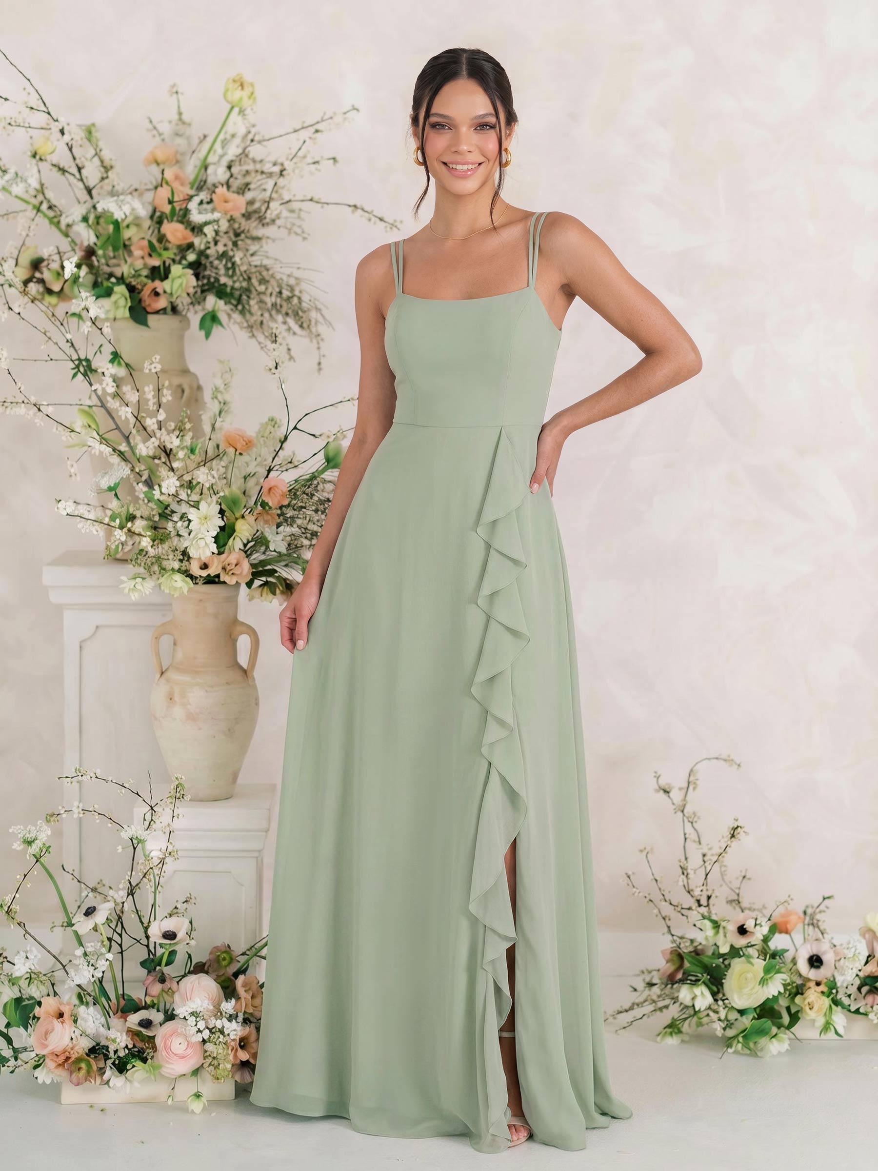 A-Line Square Neckline Sleeveless Floor-Length Chiffon Bridesmaid Dresses With Ruffle/Split Front