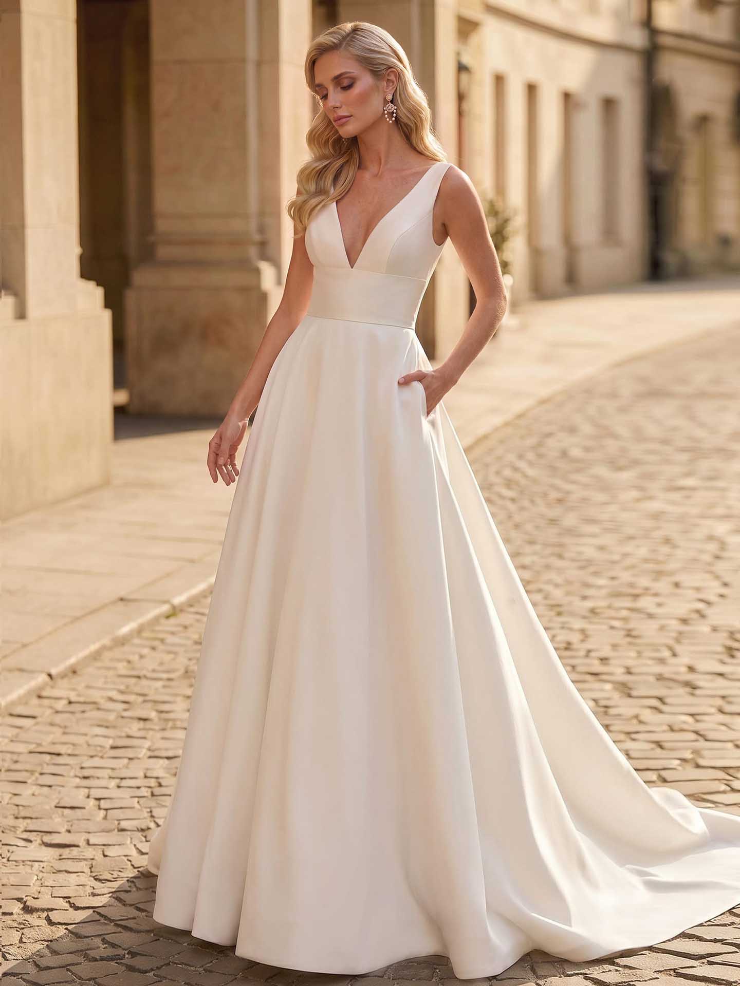 A-Line V-Neck Sleeveless Satin Chapel Train Wedding Dresses With Pockets in Ivory, US2
