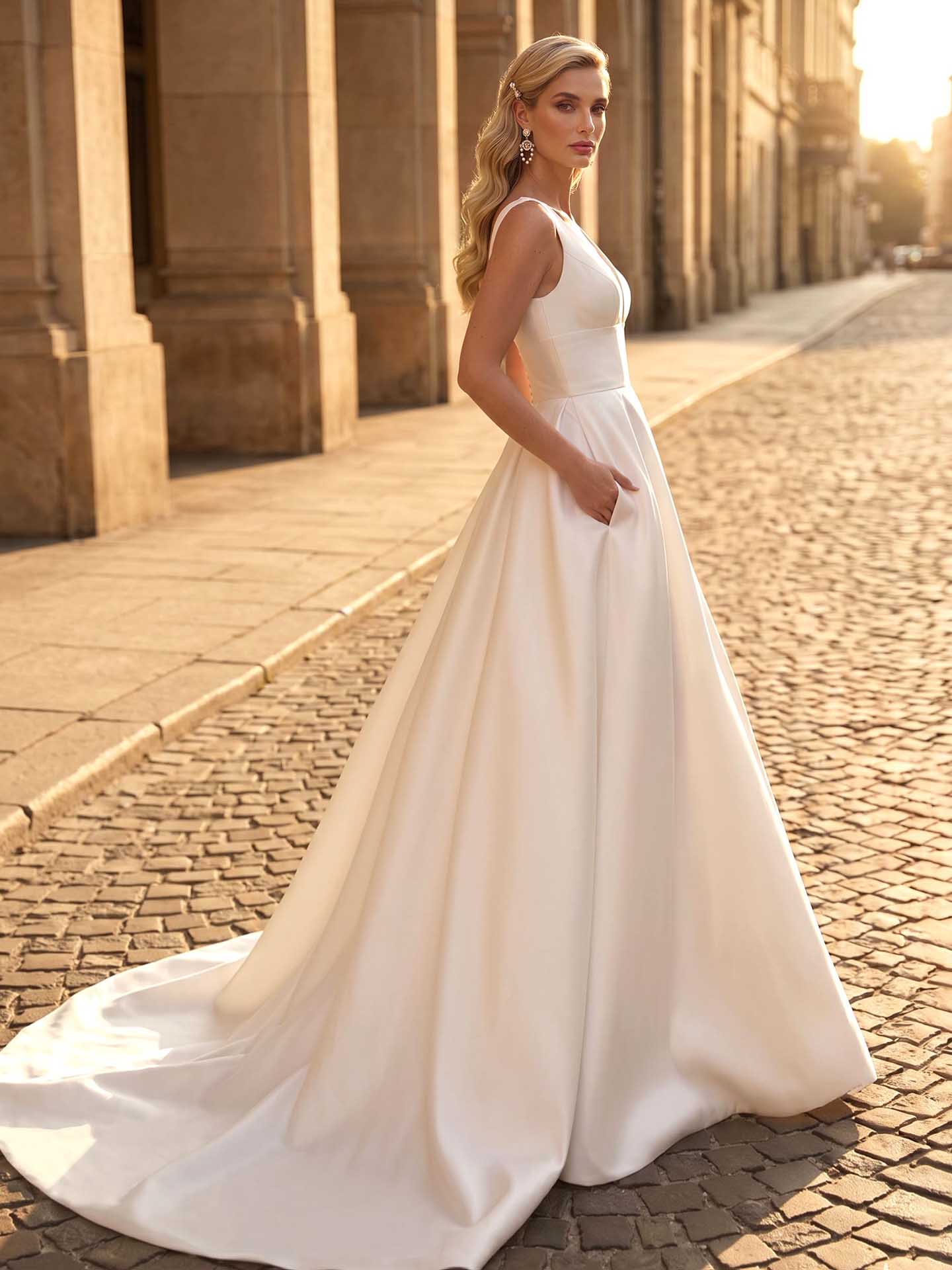 A-Line V-Neck Sleeveless Satin Chapel Train Wedding Dresses With Pockets, image 2