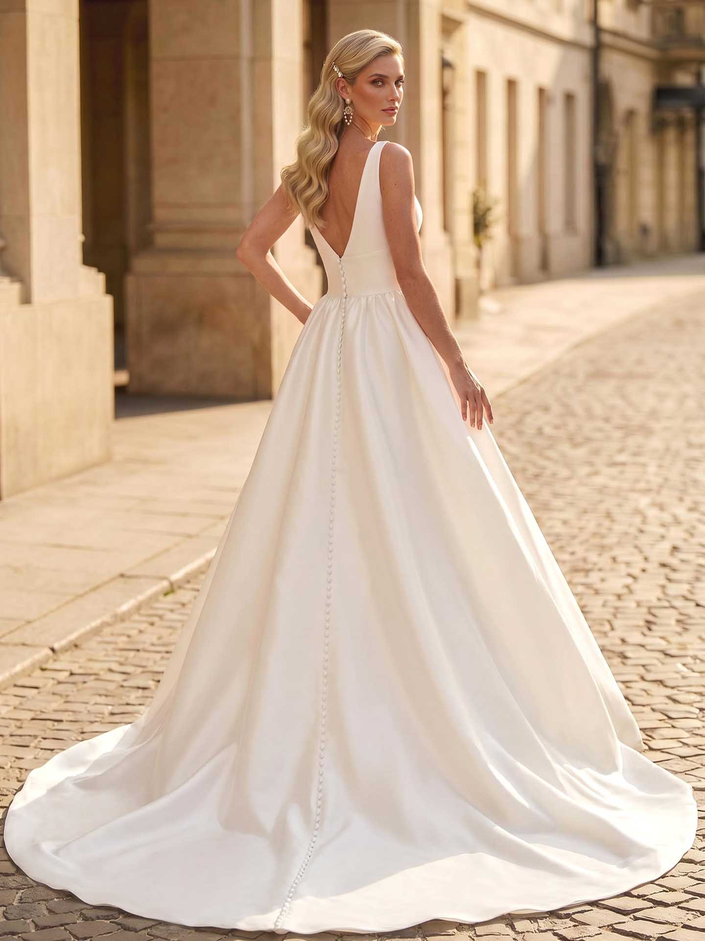 A-Line V-Neck Sleeveless Satin Chapel Train Wedding Dresses With Pockets, image 3