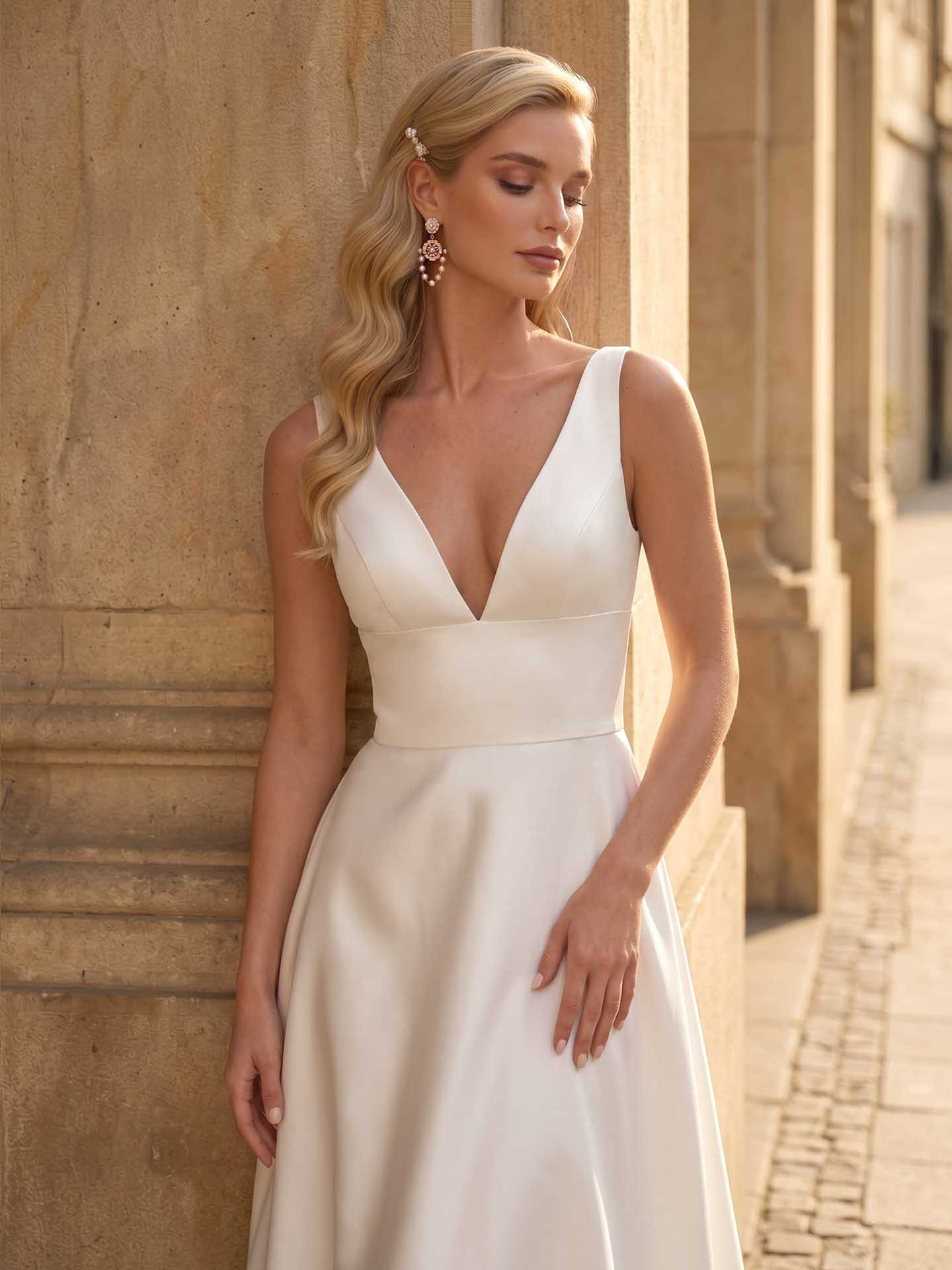 A-Line V-Neck Sleeveless Satin Chapel Train Wedding Dresses With Pockets, image 4