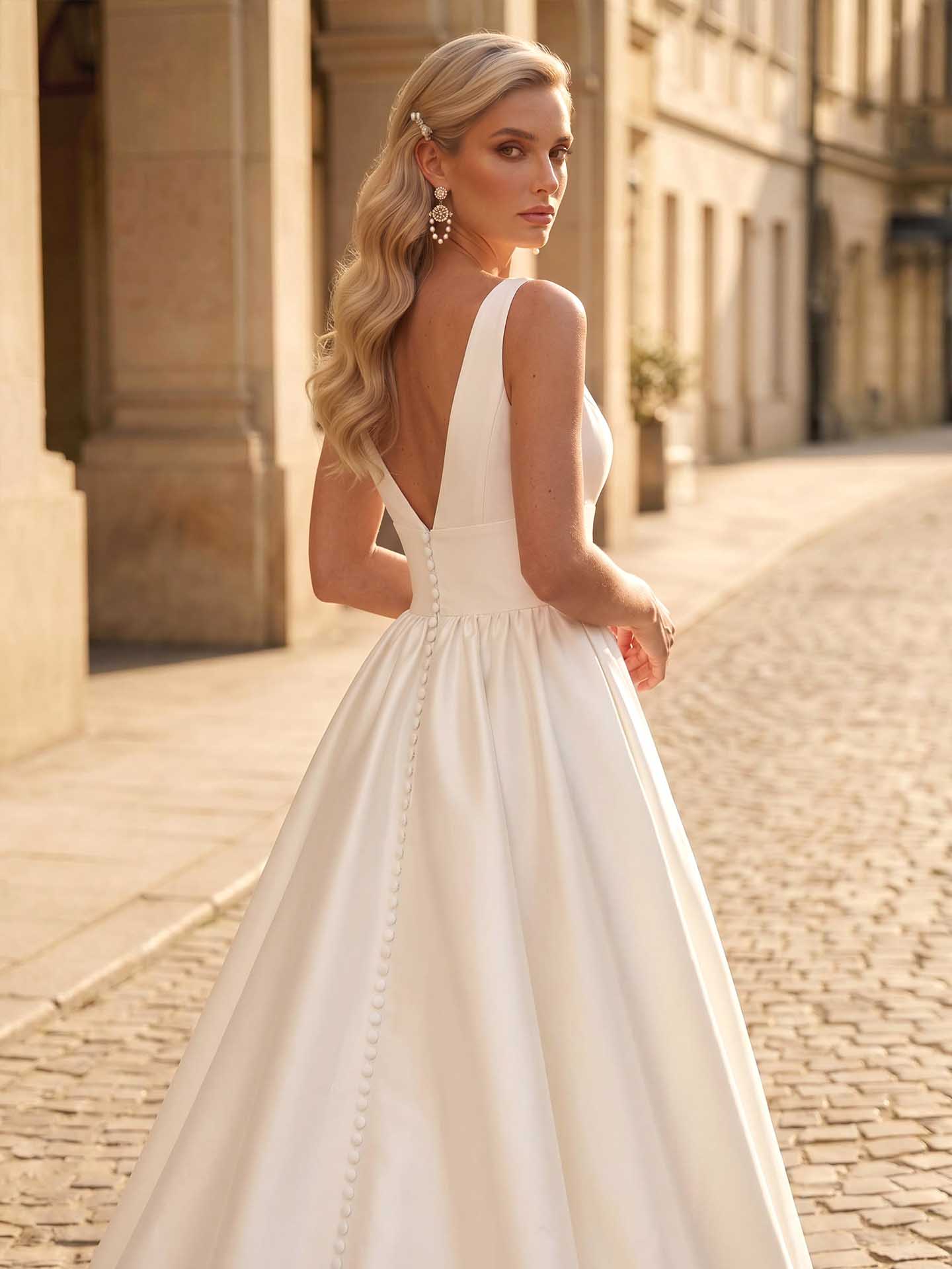 A-Line V-Neck Sleeveless Satin Chapel Train Wedding Dresses With Pockets, image 5