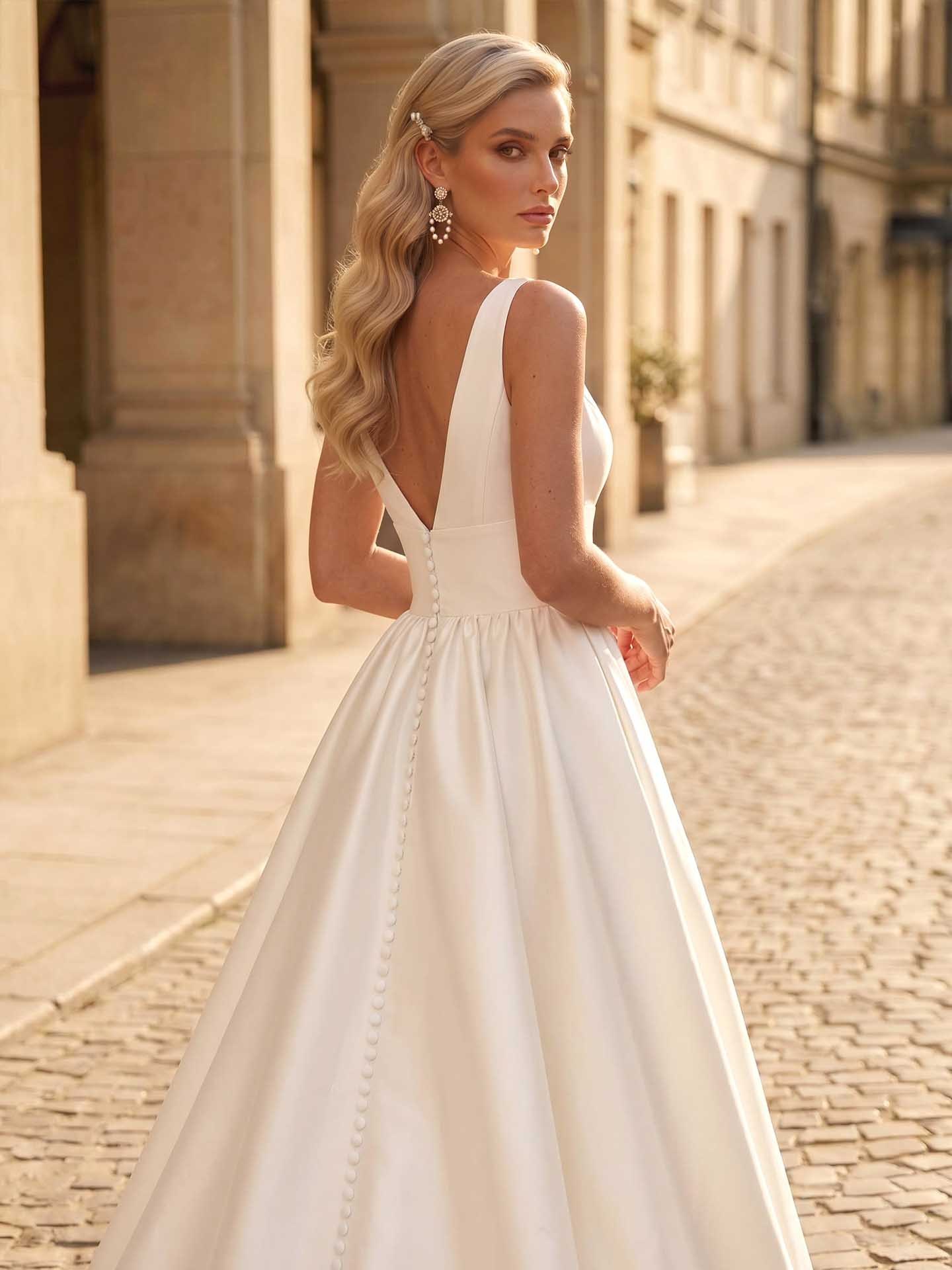 A-Line V-Neck Sleeveless Satin Chapel Train Wedding Dresses With Pockets, image 5