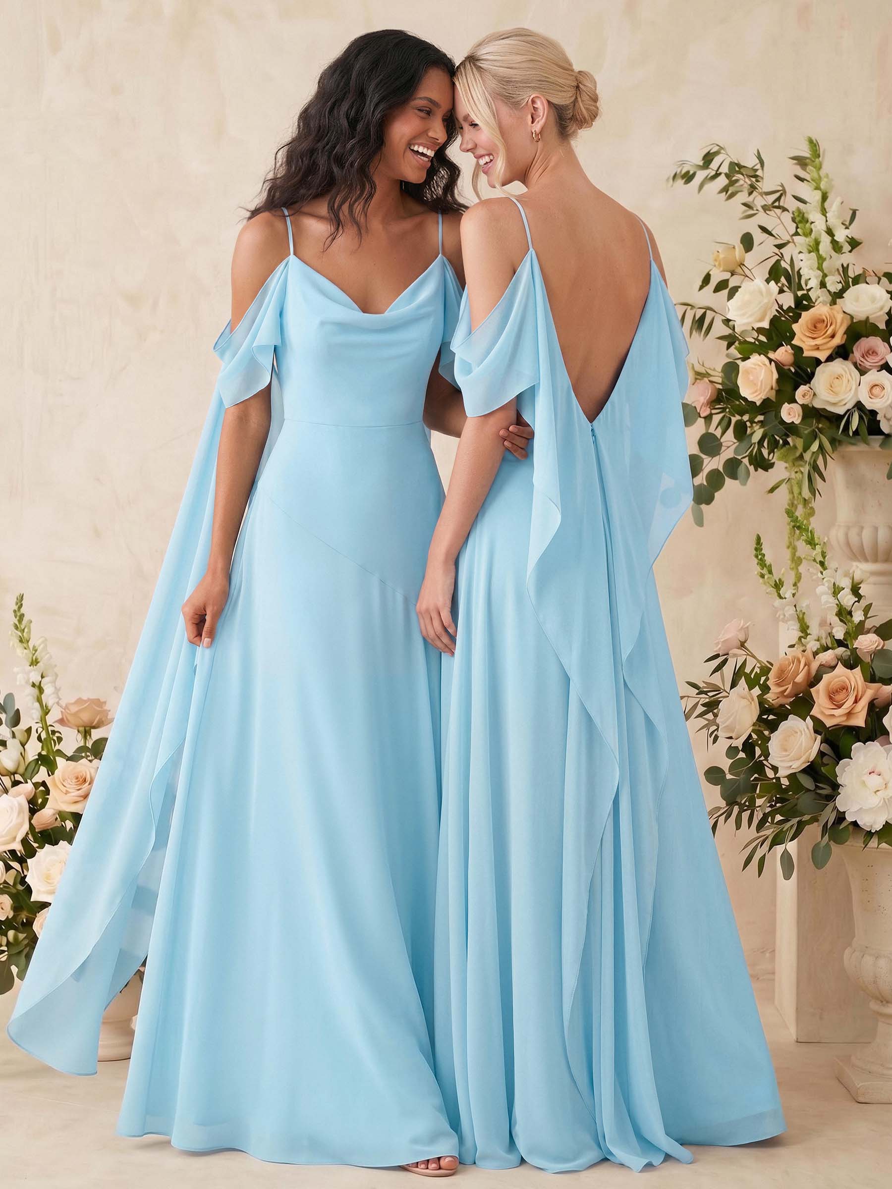Sheath/Column Cowl Neck Sleeveless Floor-Length Chiffon Bridesmaid Dresses, image 1