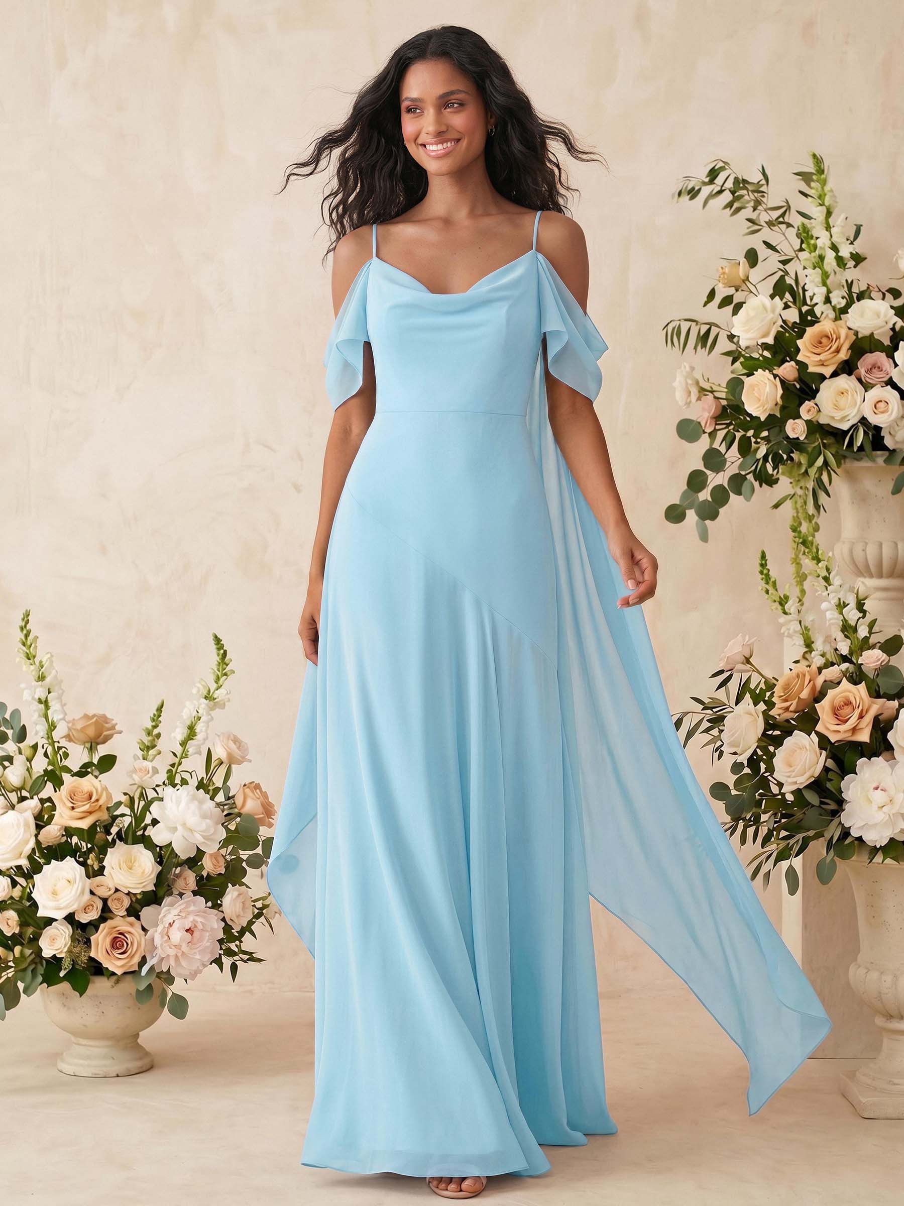 Sheath/Column Cowl Neck Sleeveless Floor-Length Chiffon Bridesmaid Dresses, image 2